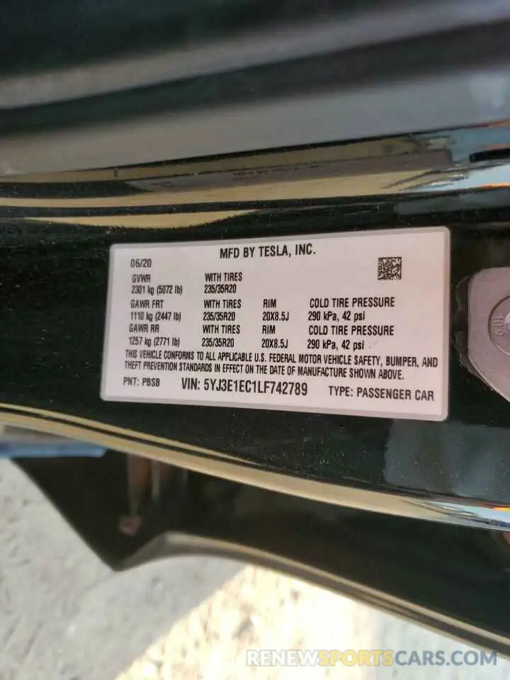 13 fotografías del automóvil dañado 5YJ3E1EC1LF742789 TESLA MODEL 3 2020