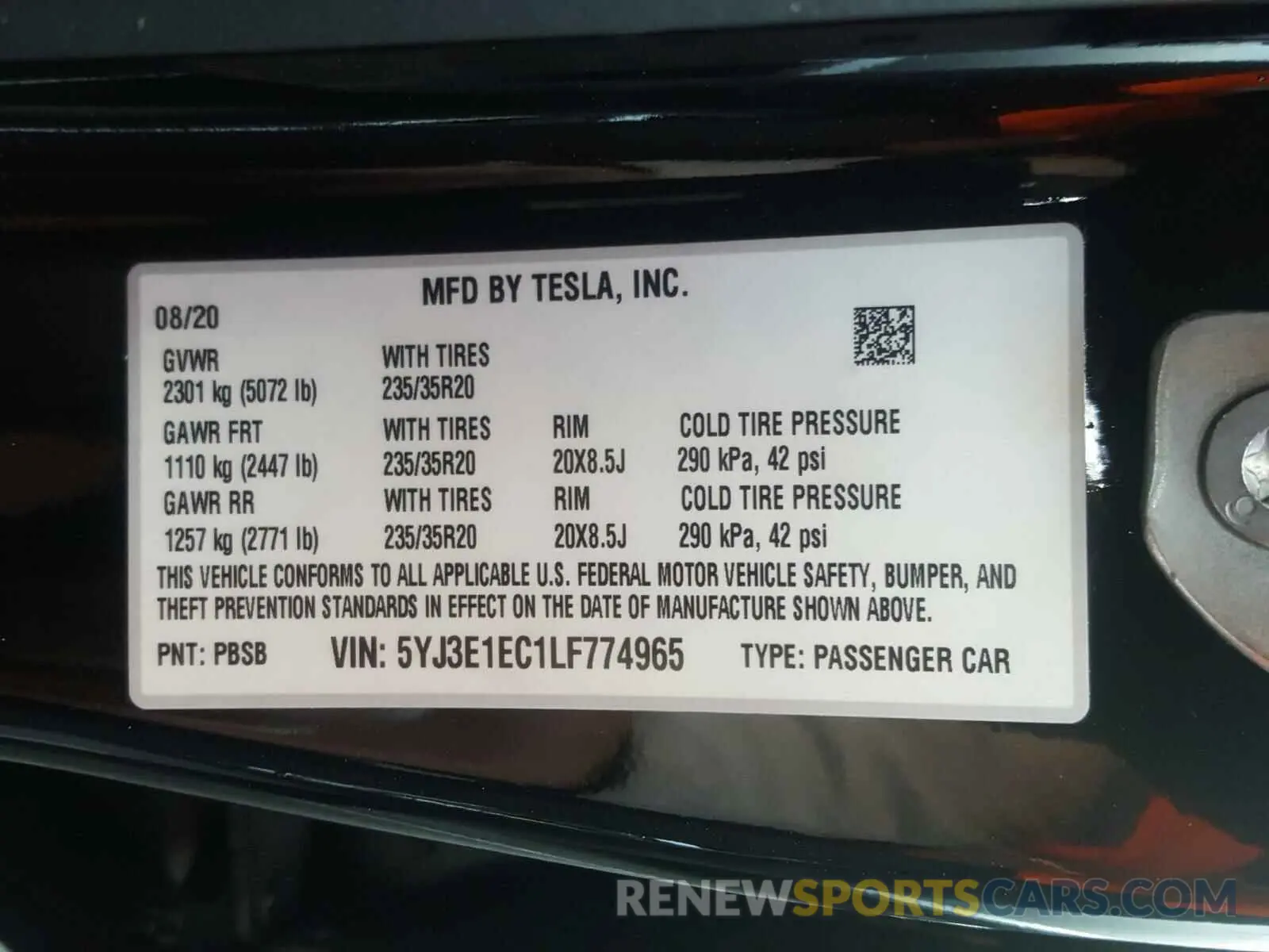 10 fotografías del automóvil dañado 5YJ3E1EC1LF774965 TESLA MODEL 3 2020