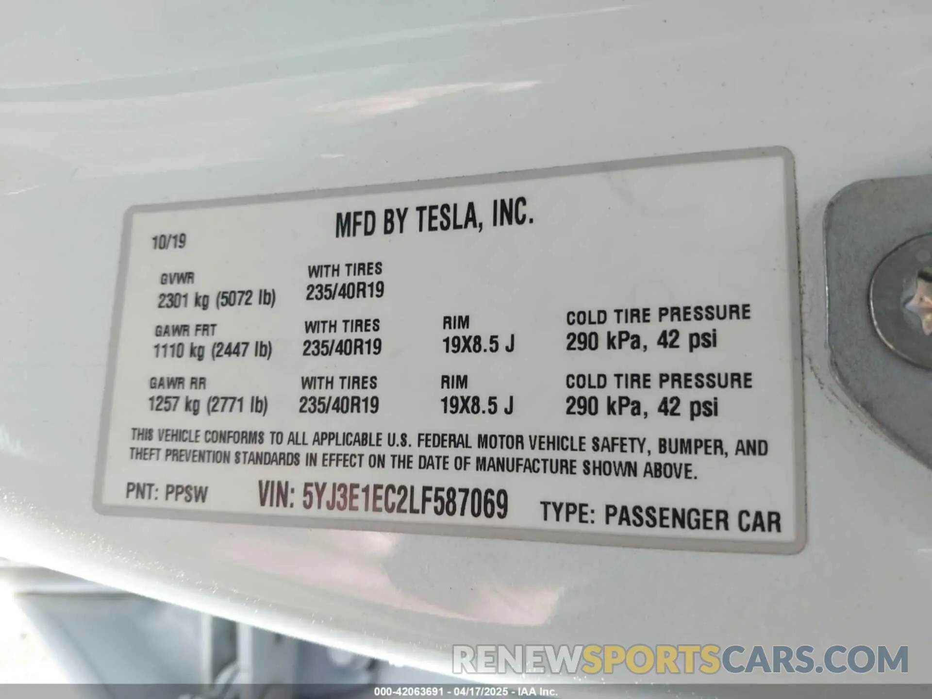 9 fotografías del automóvil dañado 5YJ3E1EC2LF587069 TESLA MODEL 3 2020
