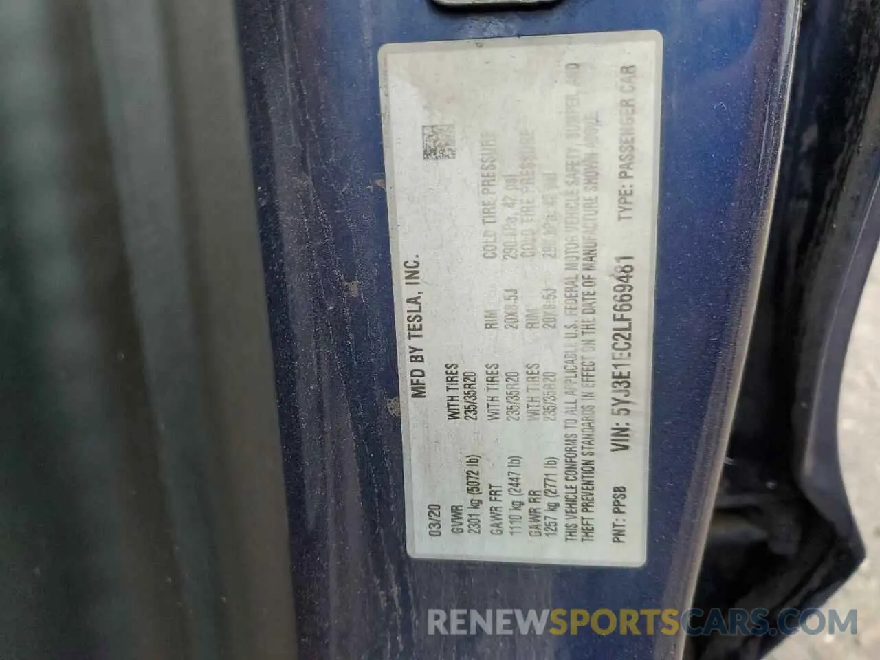12 fotografías del automóvil dañado 5YJ3E1EC2LF669481 TESLA MODEL 3 2020