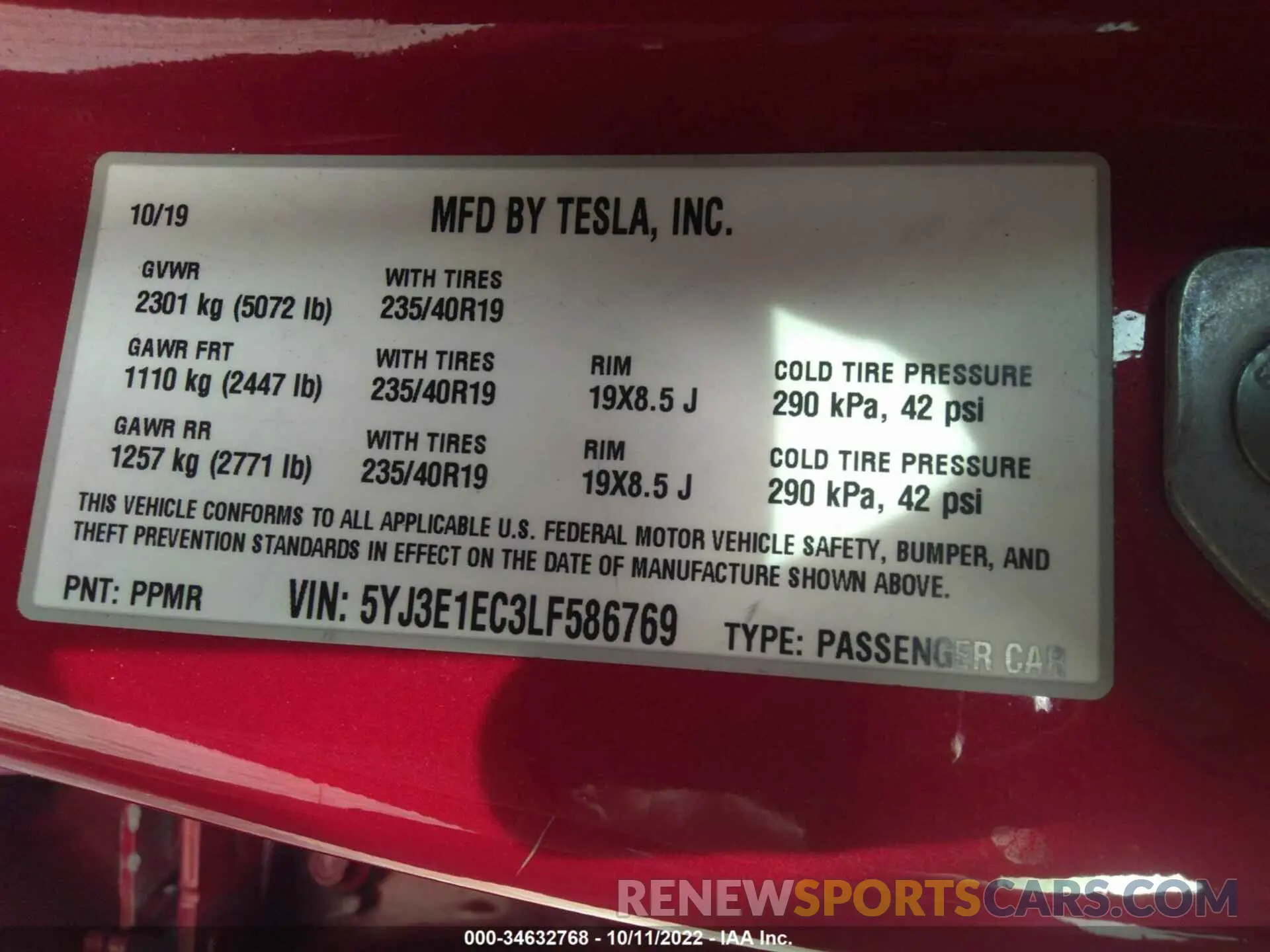 9 fotografías del automóvil dañado 5YJ3E1EC3LF586769 TESLA MODEL 3 2020