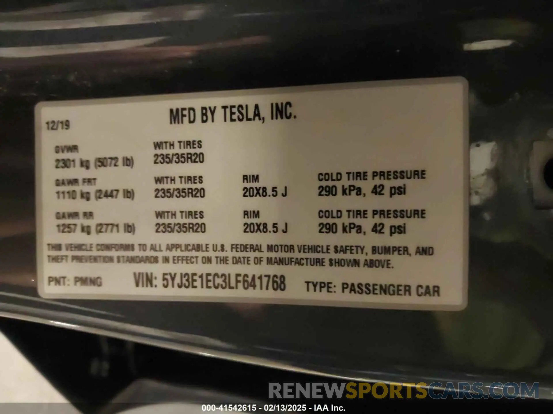 9 fotografías del automóvil dañado 5YJ3E1EC3LF641768 TESLA MODEL 3 2020