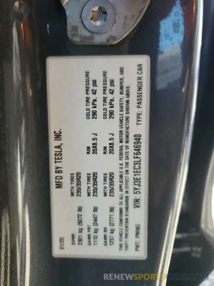 13 fotografías del automóvil dañado 5YJ3E1EC3LF646940 TESLA MODEL 3 2020