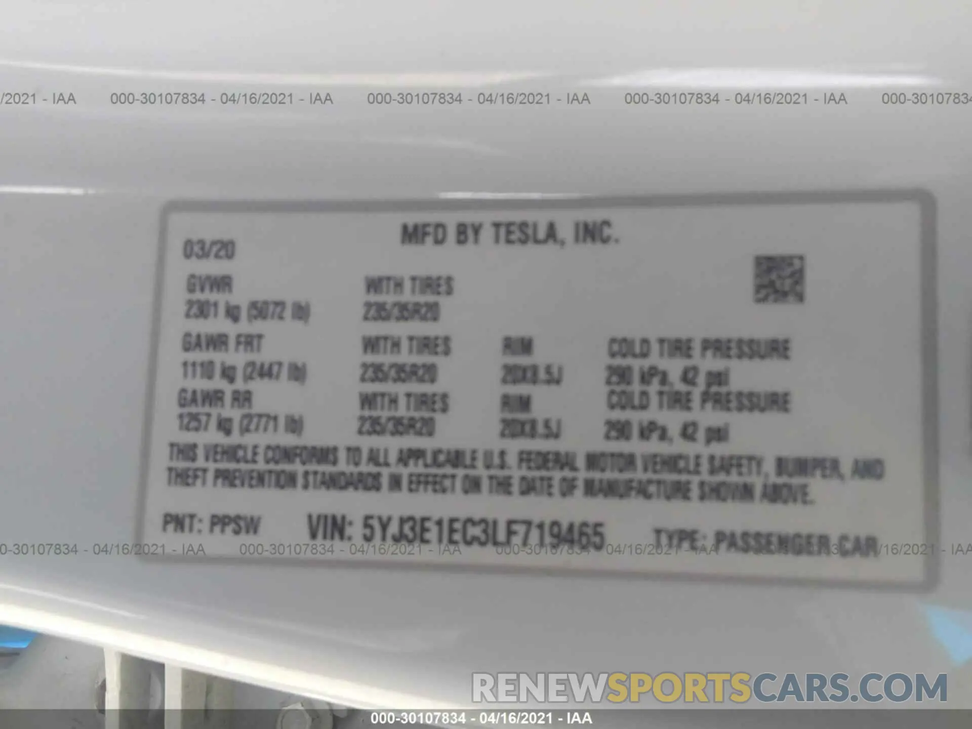 9 fotografías del automóvil dañado 5YJ3E1EC3LF719465 TESLA MODEL 3 2020