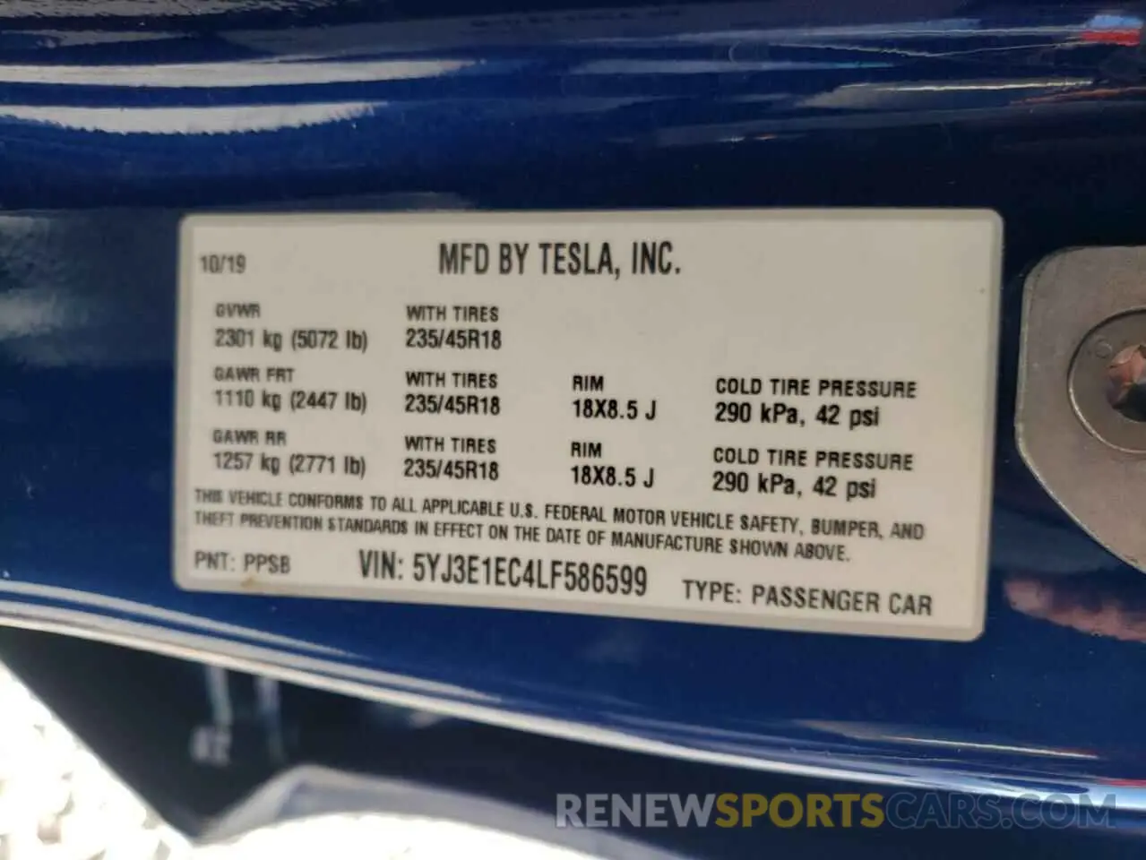10 fotografías del automóvil dañado 5YJ3E1EC4LF586599 TESLA MODEL 3 2020