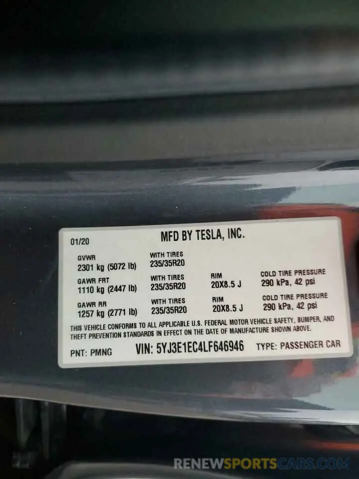 12 fotografías del automóvil dañado 5YJ3E1EC4LF646946 TESLA MODEL 3 2020