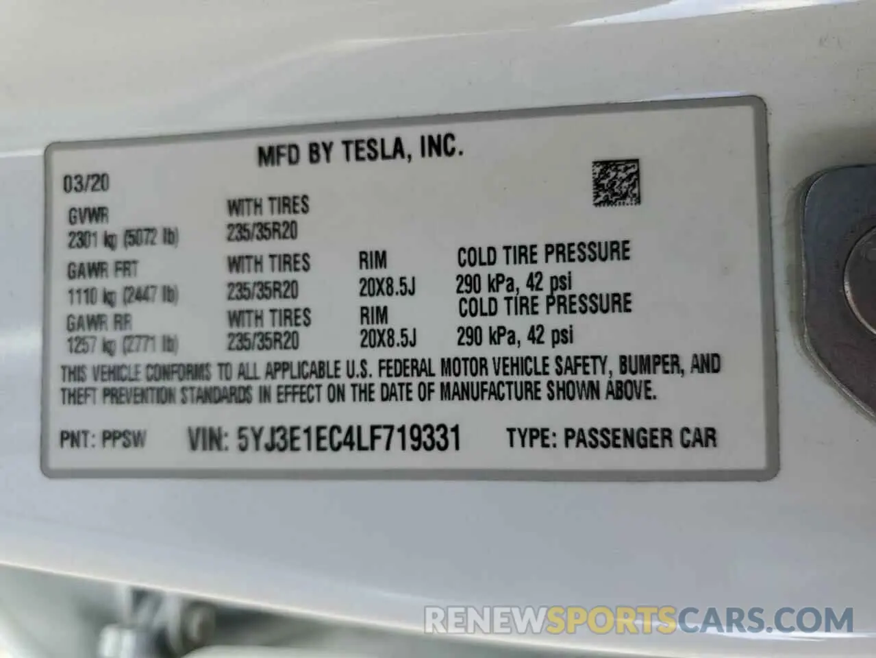 12 fotografías del automóvil dañado 5YJ3E1EC4LF719331 TESLA MODEL 3 2020