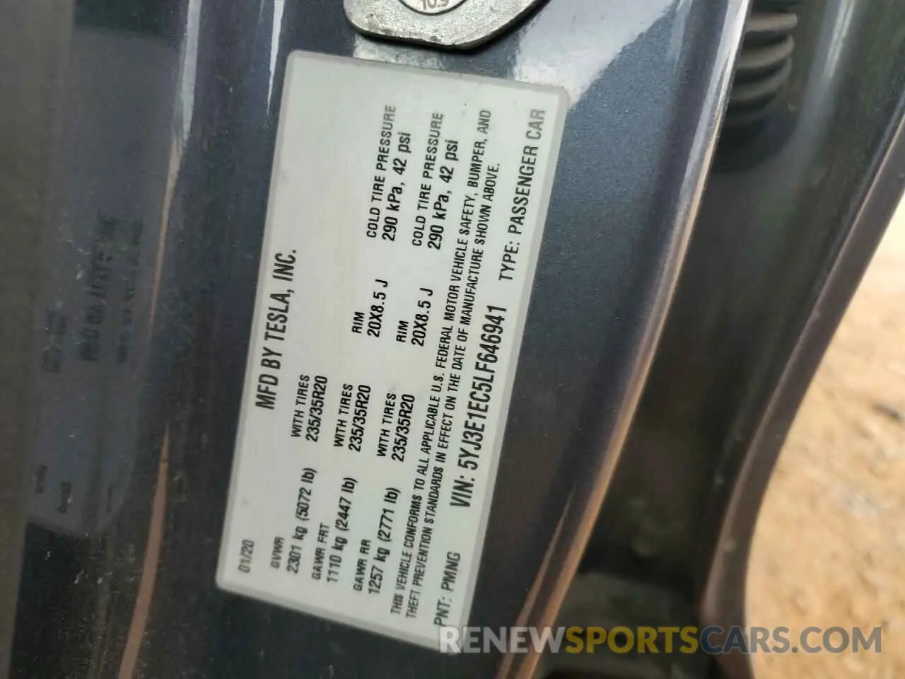 12 fotografías del automóvil dañado 5YJ3E1EC5LF646941 TESLA MODEL 3 2020
