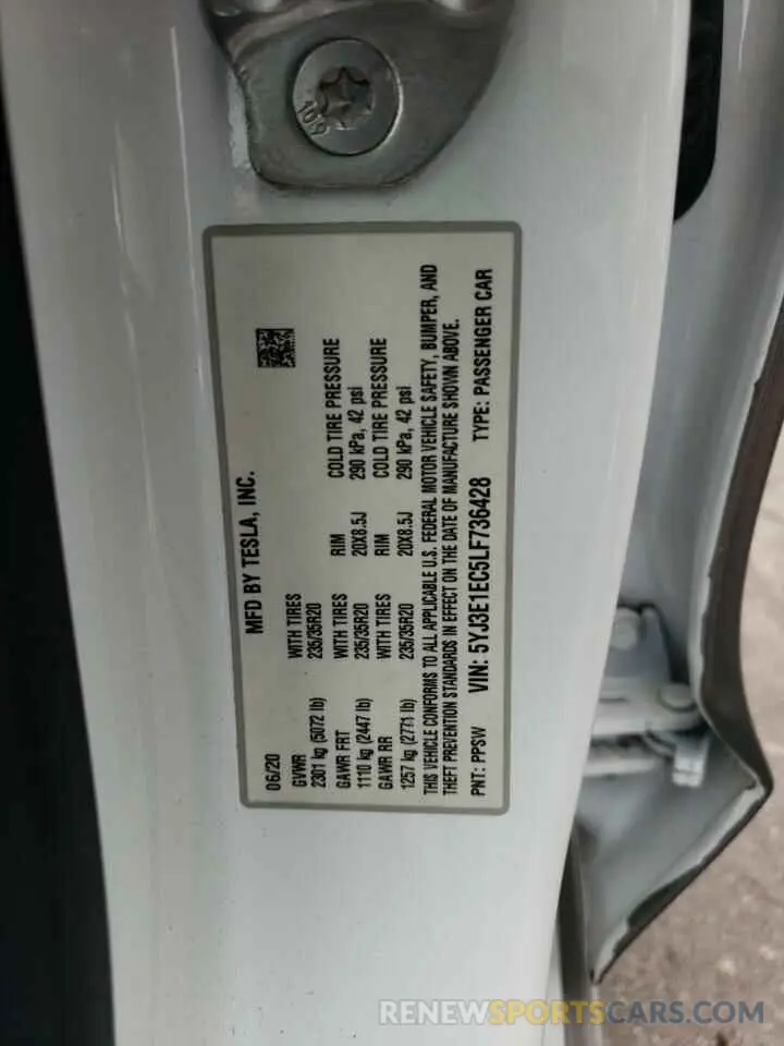 12 fotografías del automóvil dañado 5YJ3E1EC5LF736428 TESLA MODEL 3 2020