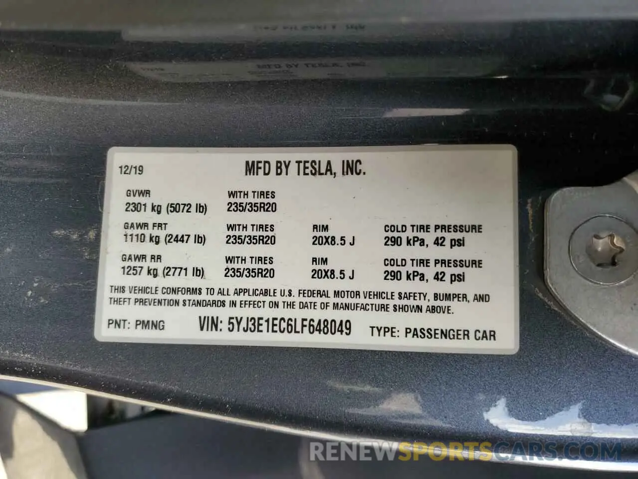 14 fotografías del automóvil dañado 5YJ3E1EC6LF648049 TESLA MODEL 3 2020
