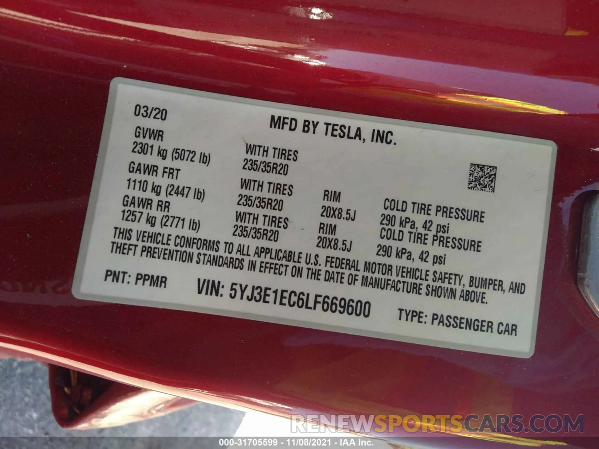 9 fotografías del automóvil dañado 5YJ3E1EC6LF669600 TESLA MODEL 3 2020