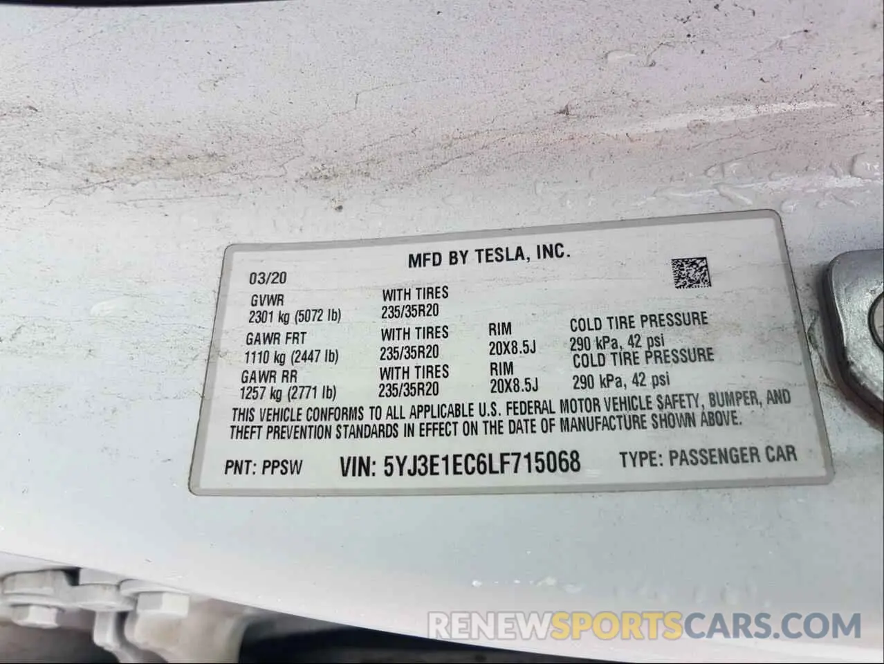 10 fotografías del automóvil dañado 5YJ3E1EC6LF715068 TESLA MODEL 3 2020