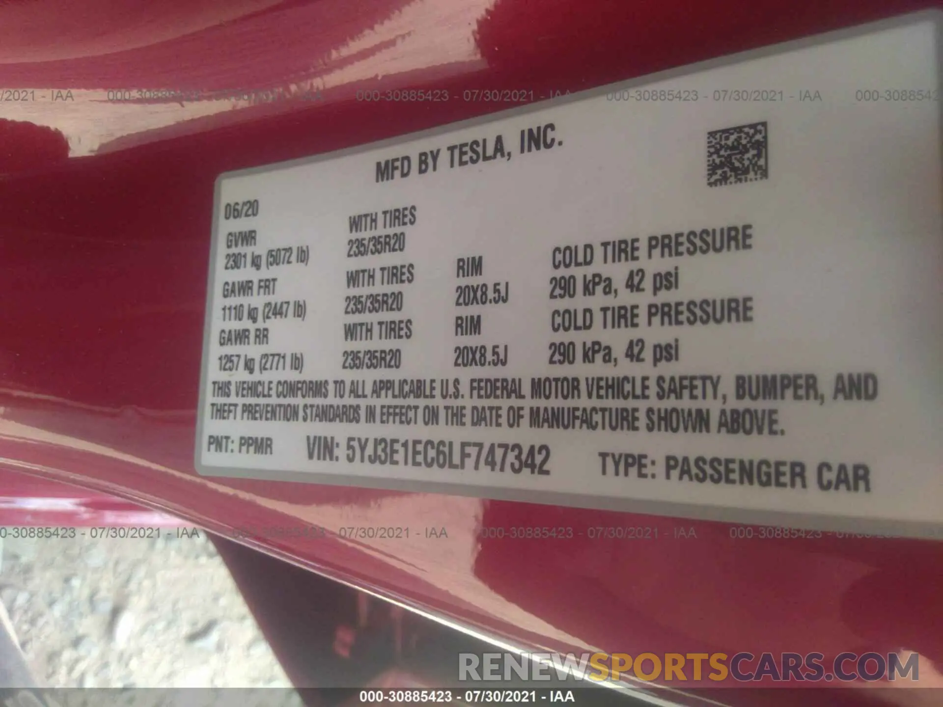 9 fotografías del automóvil dañado 5YJ3E1EC6LF747342 TESLA MODEL 3 2020
