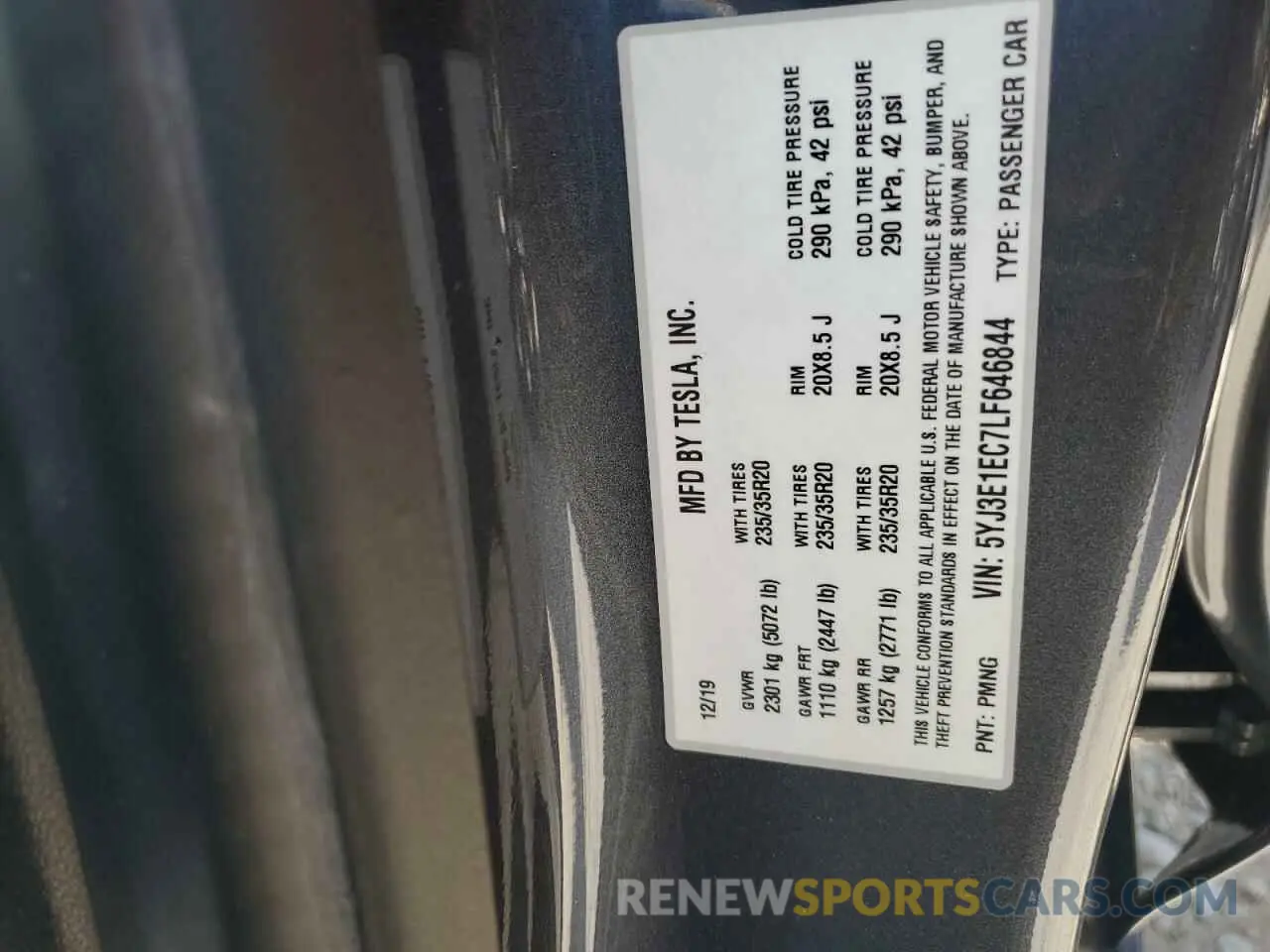 12 fotografías del automóvil dañado 5YJ3E1EC7LF646844 TESLA MODEL 3 2020