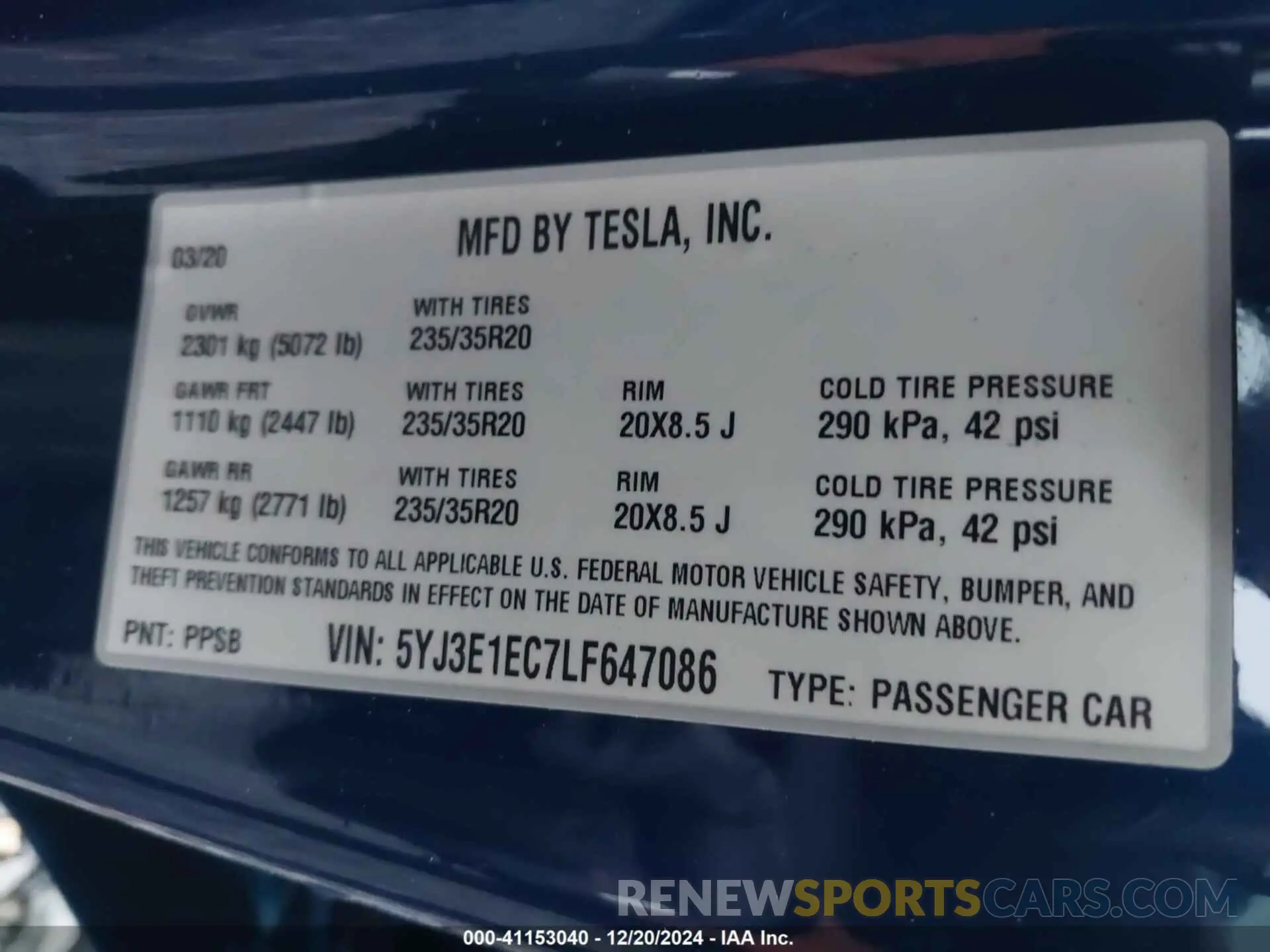 9 fotografías del automóvil dañado 5YJ3E1EC7LF647086 TESLA MODEL 3 2020