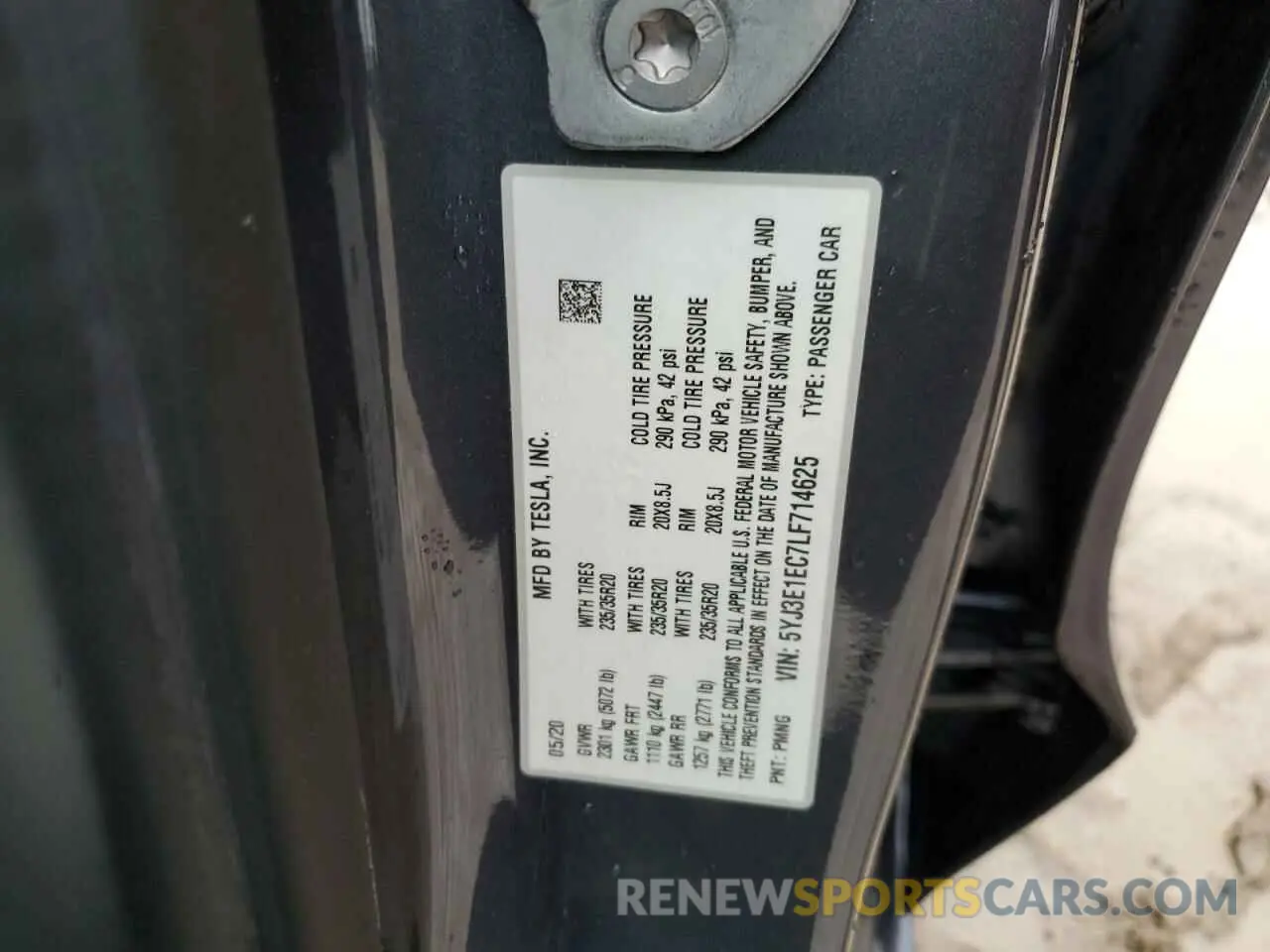 12 fotografías del automóvil dañado 5YJ3E1EC7LF714625 TESLA MODEL 3 2020