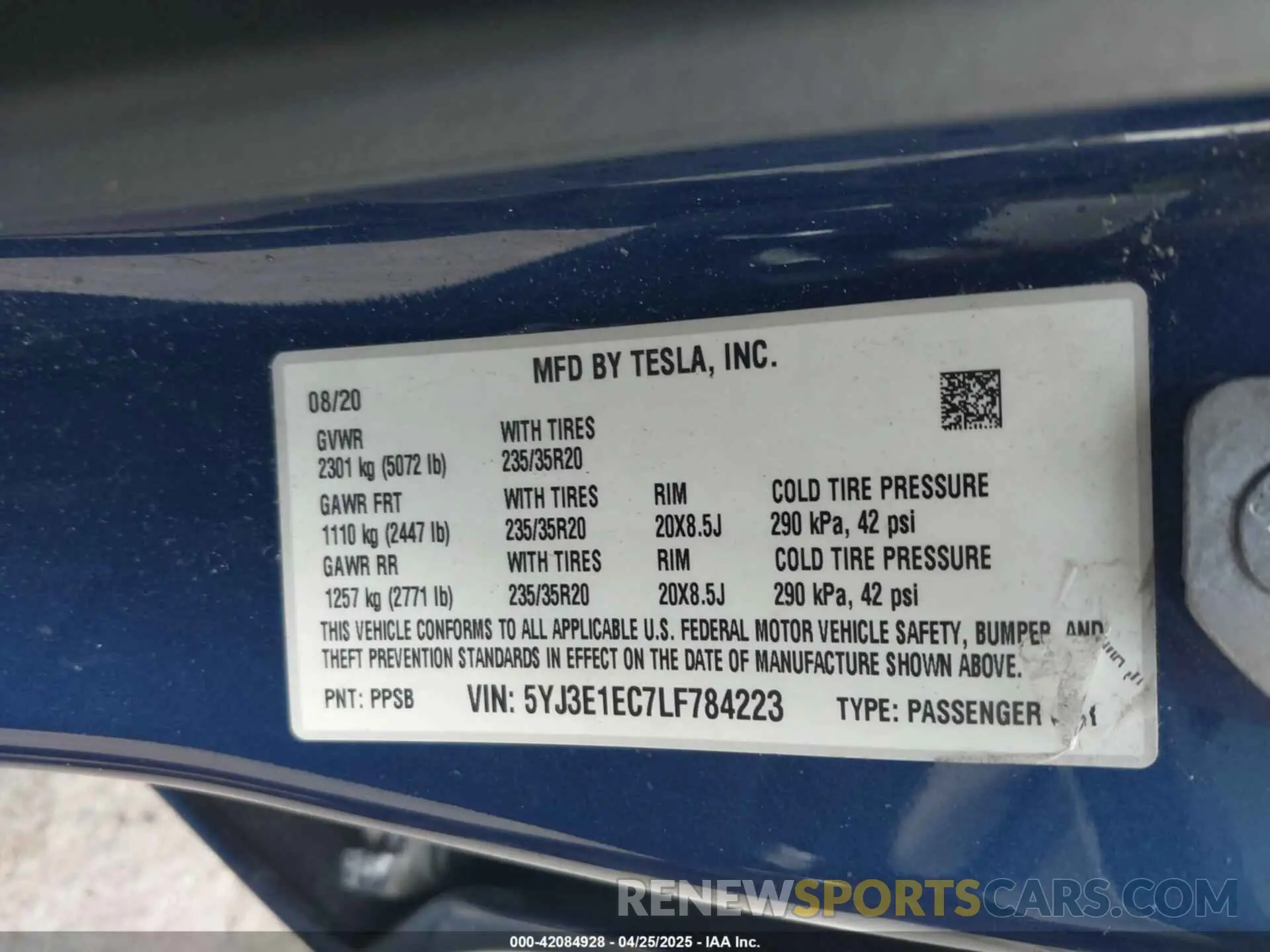 9 fotografías del automóvil dañado 5YJ3E1EC7LF784223 TESLA MODEL 3 2020