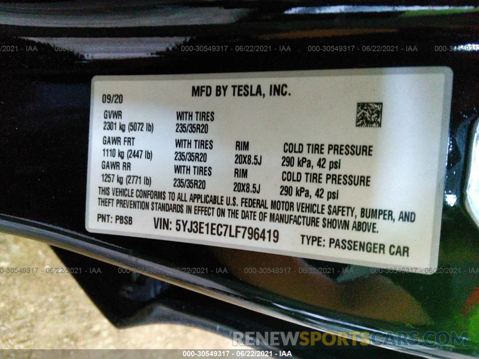 9 fotografías del automóvil dañado 5YJ3E1EC7LF796419 TESLA MODEL 3 2020