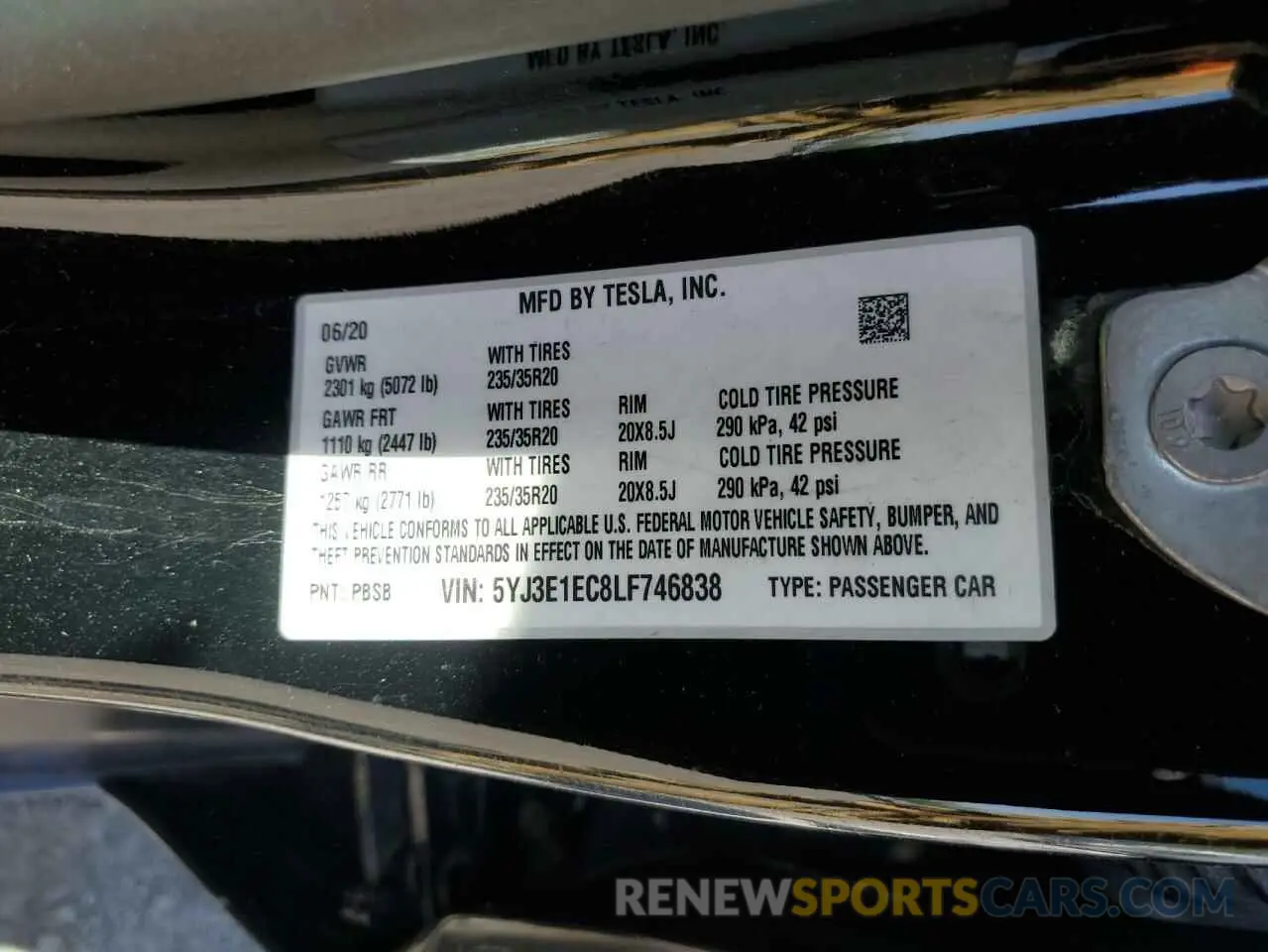 12 fotografías del automóvil dañado 5YJ3E1EC8LF746838 TESLA MODEL 3 2020