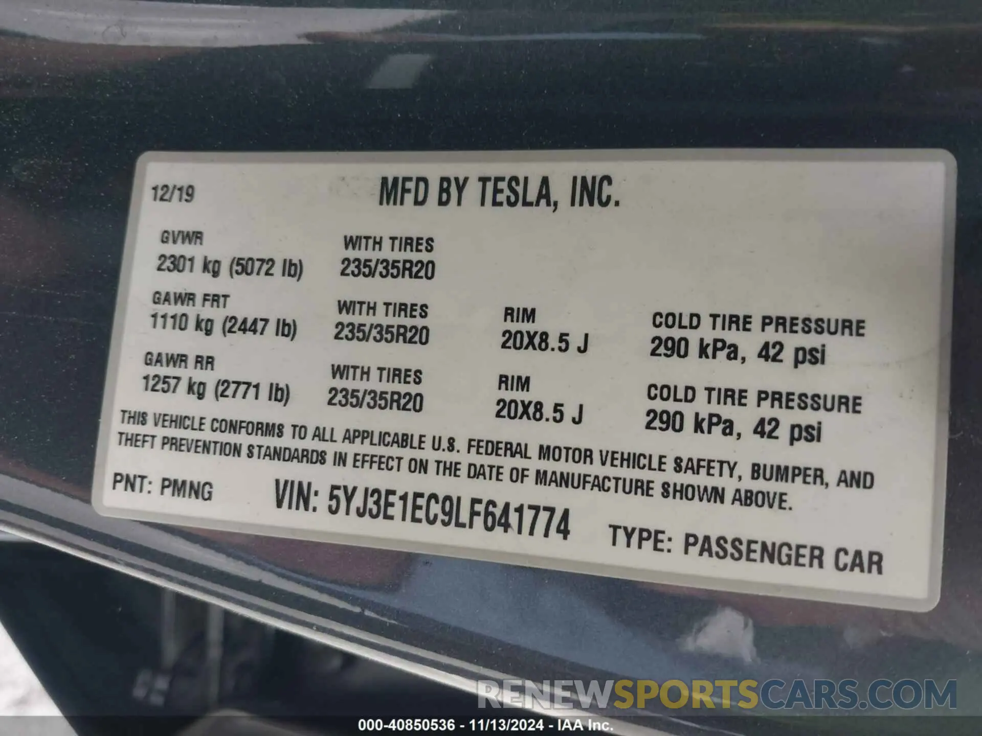 9 fotografías del automóvil dañado 5YJ3E1EC9LF641774 TESLA MODEL 3 2020