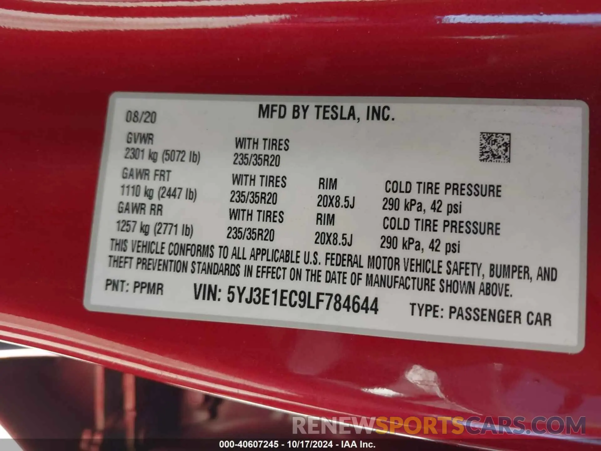 9 fotografías del automóvil dañado 5YJ3E1EC9LF784644 TESLA MODEL 3 2020