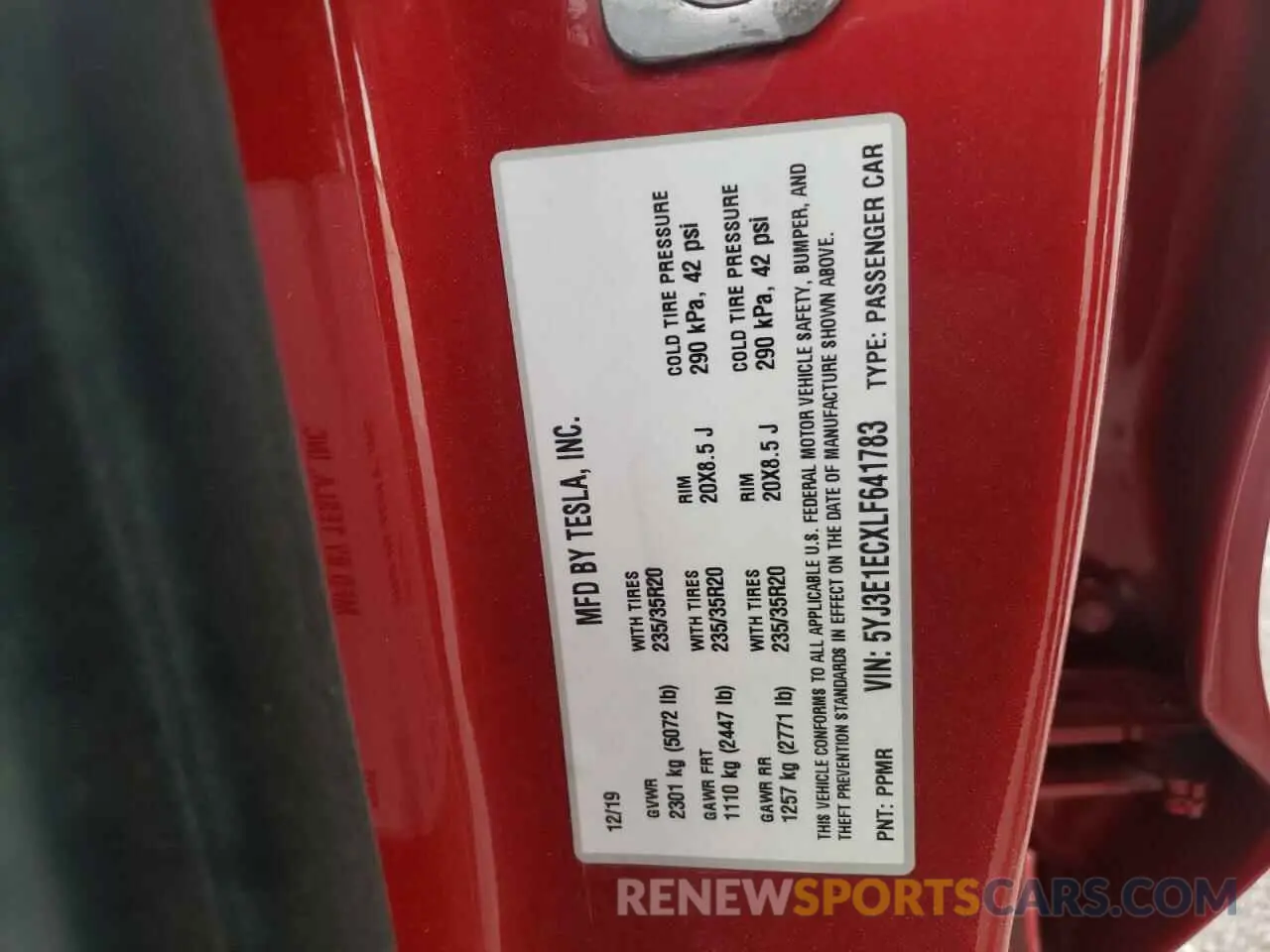 10 fotografías del automóvil dañado 5YJ3E1ECXLF641783 TESLA MODEL 3 2020