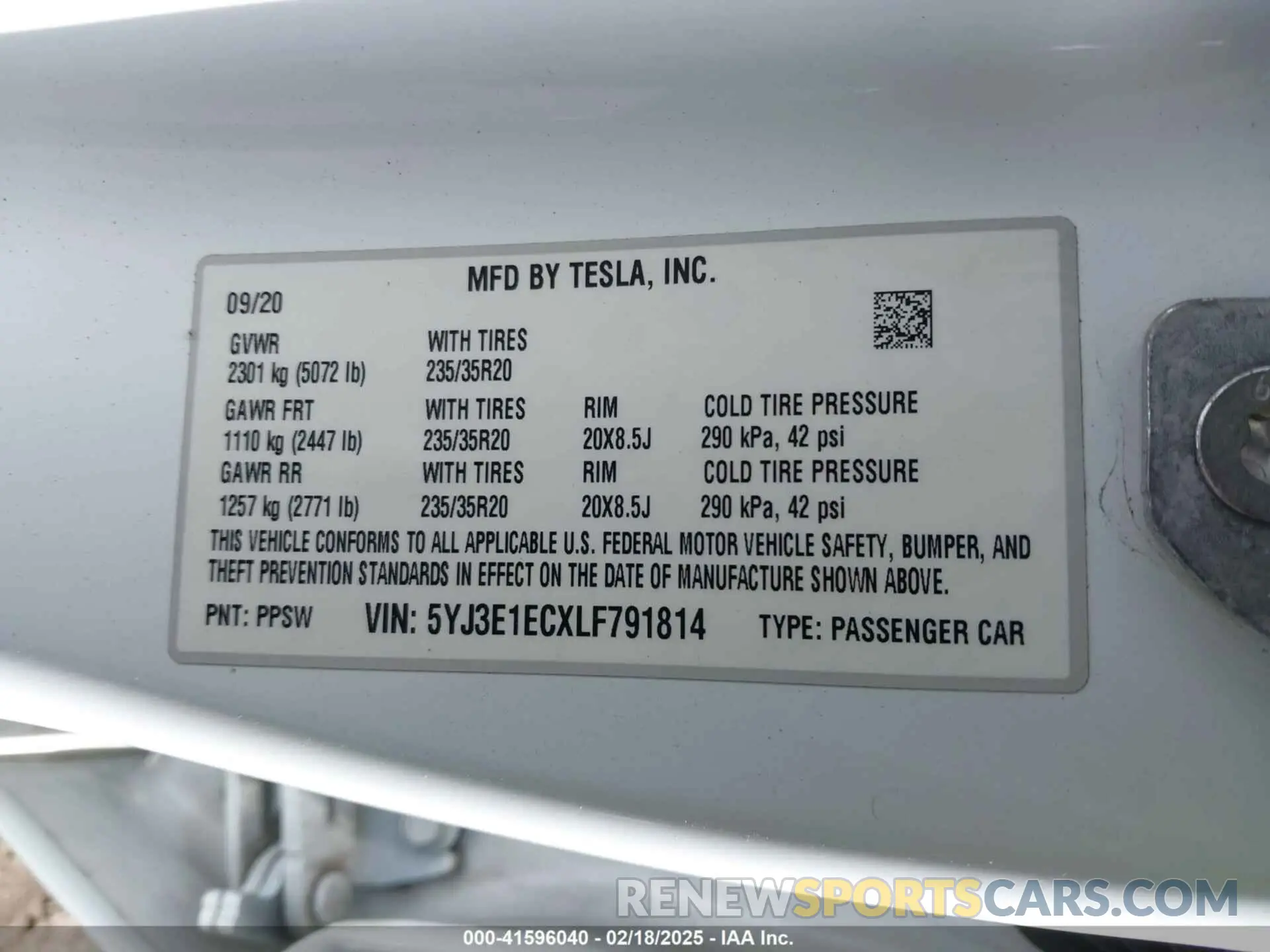 9 fotografías del automóvil dañado 5YJ3E1ECXLF791814 TESLA MODEL 3 2020