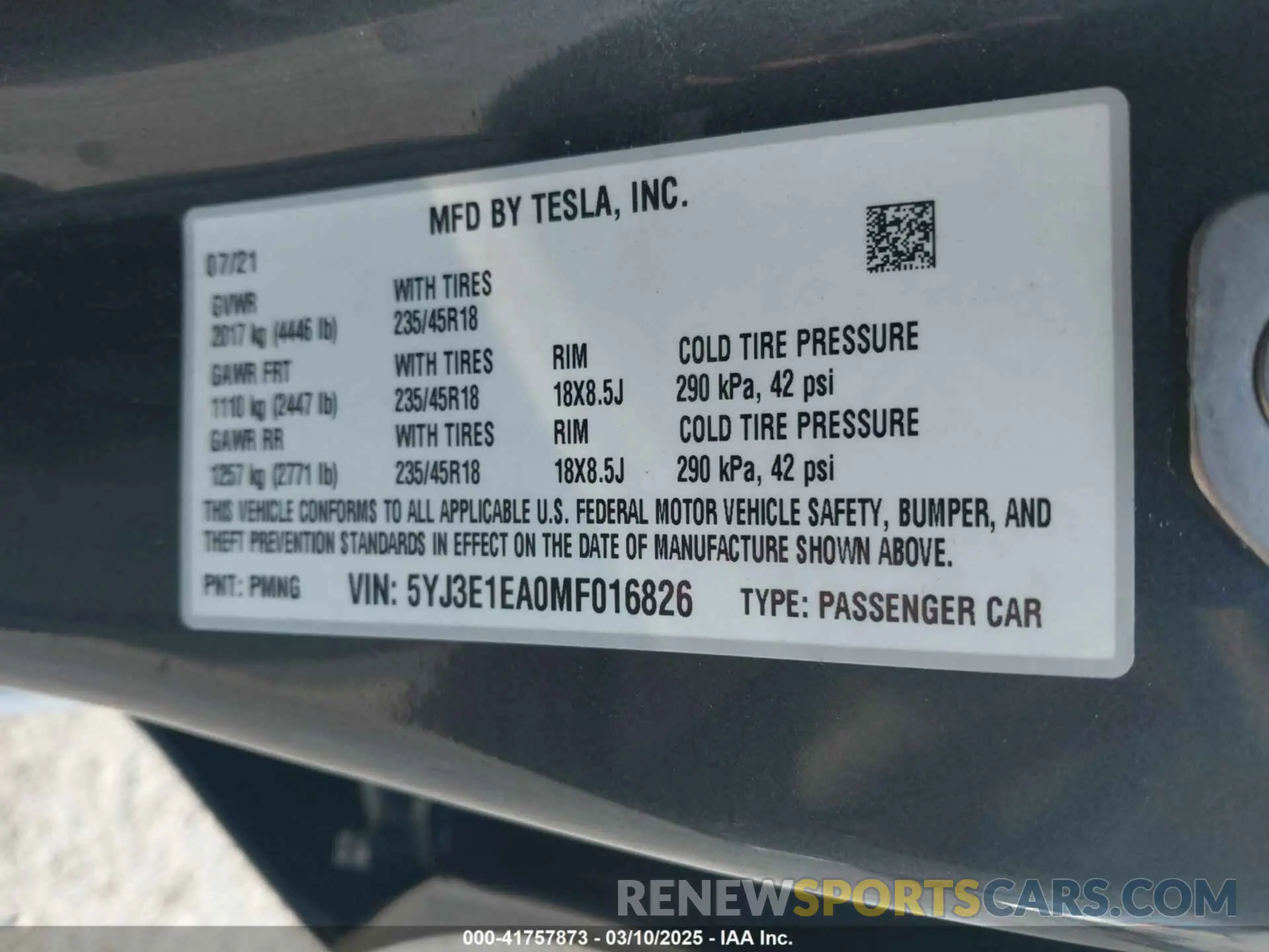9 fotografías del automóvil dañado 5YJ3E1EA0MF016826 TESLA MODEL 3 2021