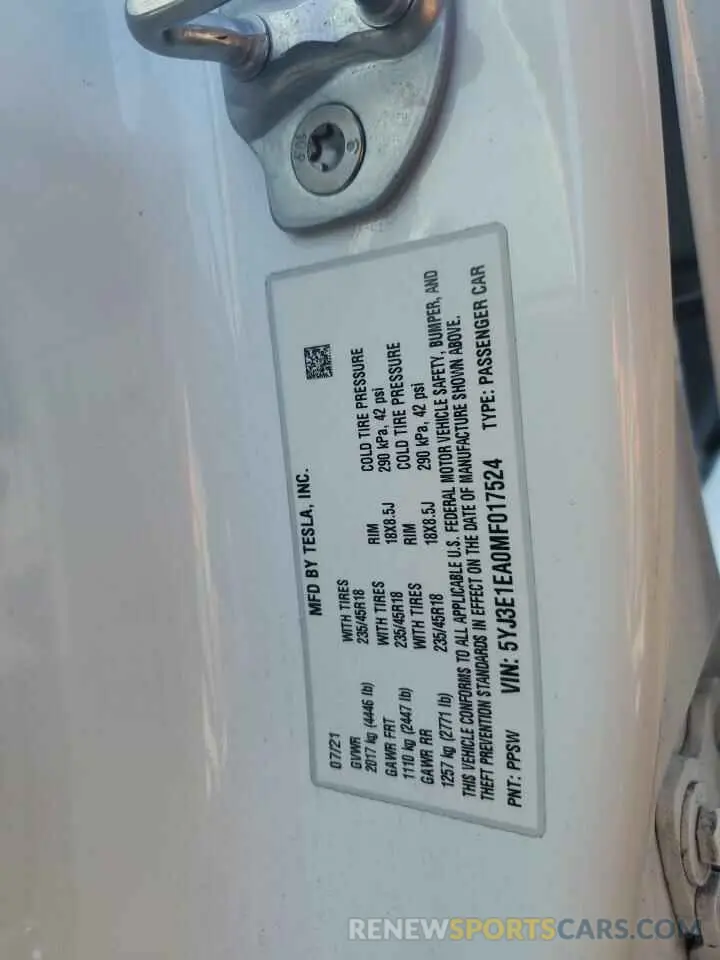 12 fotografías del automóvil dañado 5YJ3E1EA0MF017524 TESLA MODEL 3 2021