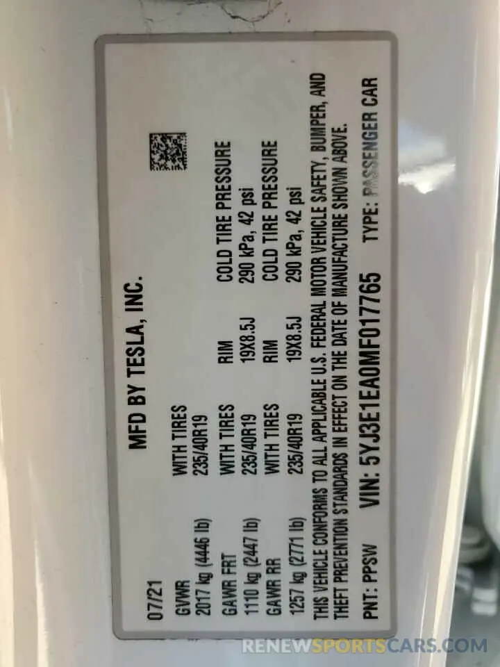 14 fotografías del automóvil dañado 5YJ3E1EA0MF017765 TESLA MODEL 3 2021