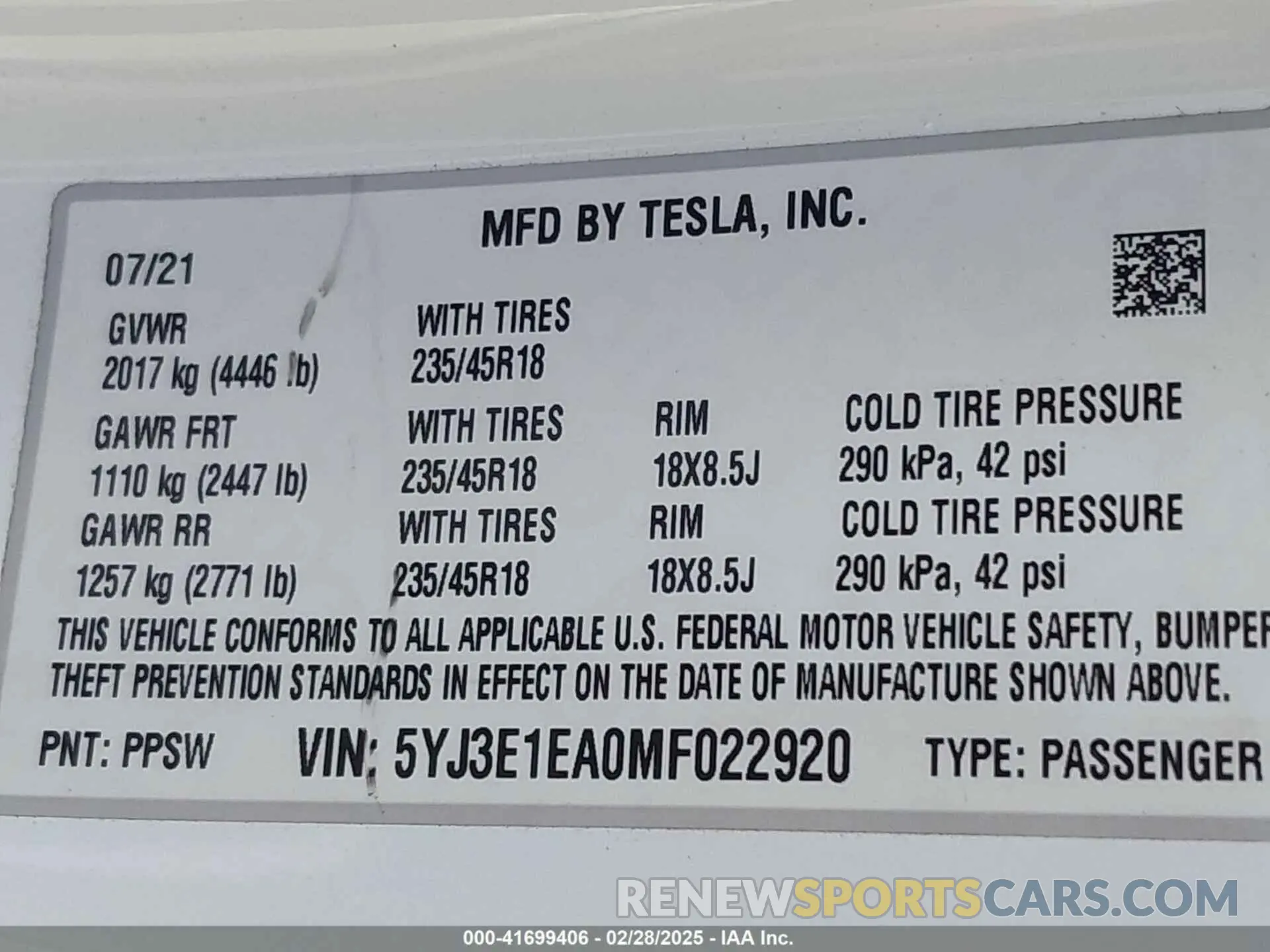 9 fotografías del automóvil dañado 5YJ3E1EA0MF022920 TESLA MODEL 3 2021