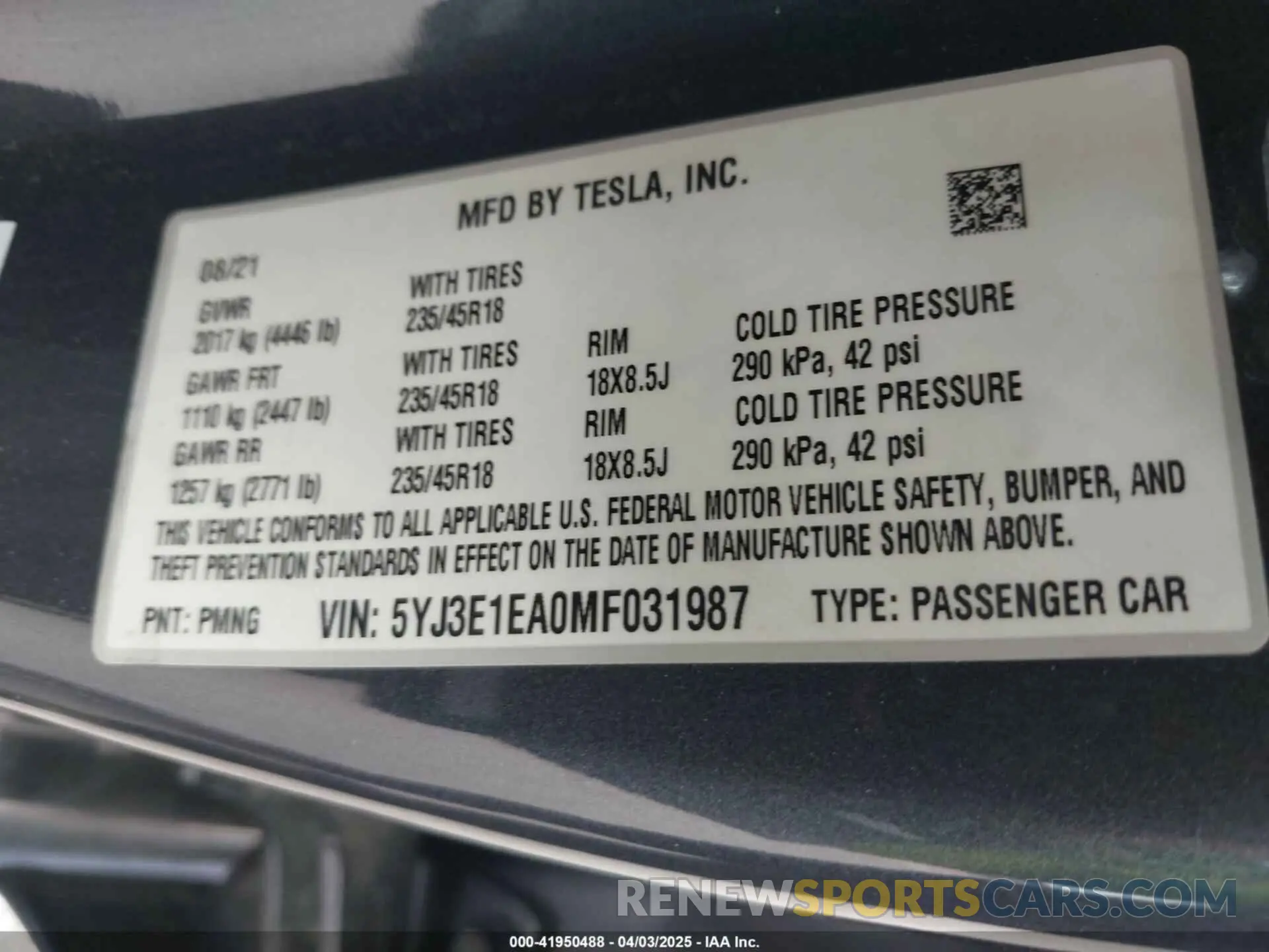 9 fotografías del automóvil dañado 5YJ3E1EA0MF031987 TESLA MODEL 3 2021