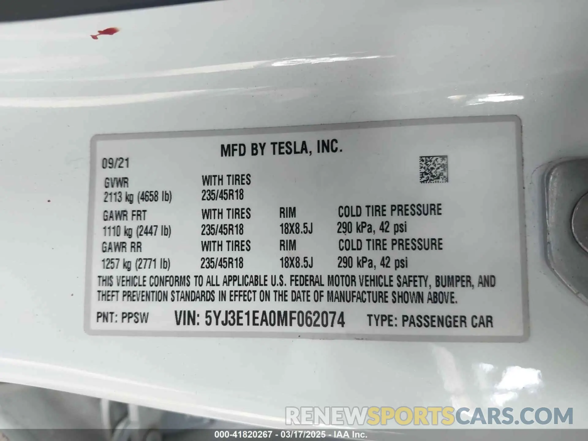 9 fotografías del automóvil dañado 5YJ3E1EA0MF062074 TESLA MODEL 3 2021