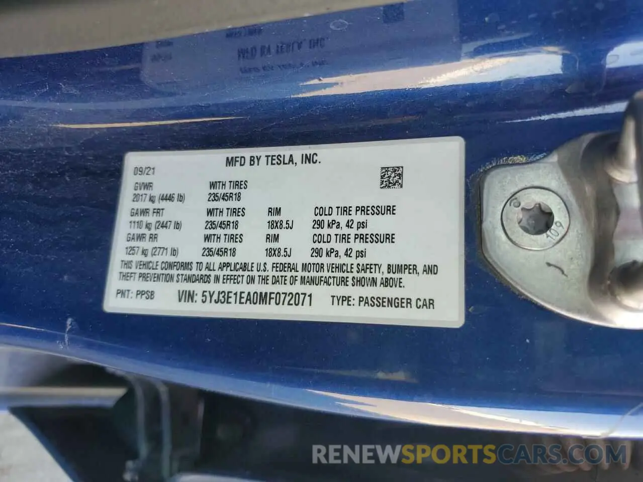 12 fotografías del automóvil dañado 5YJ3E1EA0MF072071 TESLA MODEL 3 2021