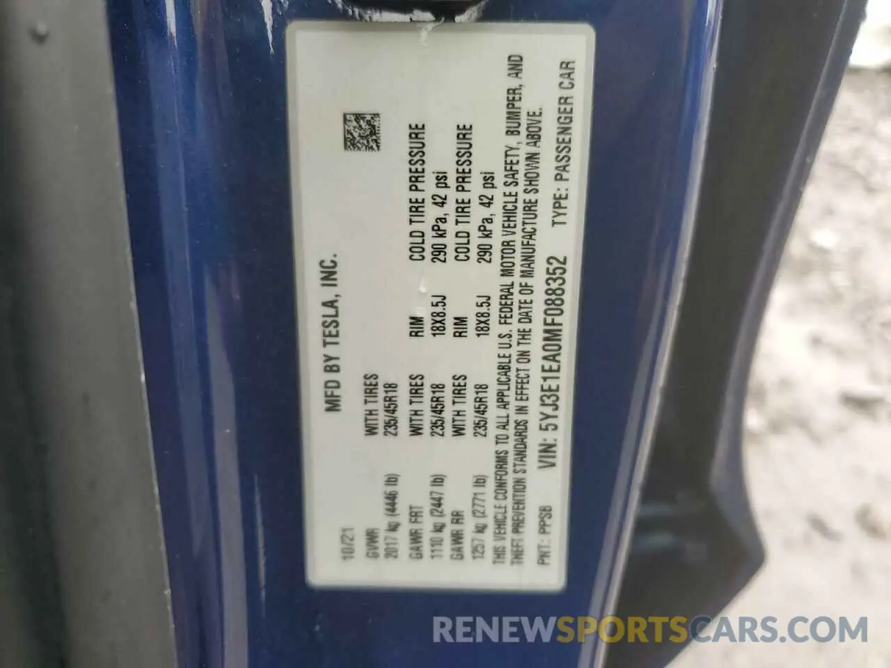 12 fotografías del automóvil dañado 5YJ3E1EA0MF088352 TESLA MODEL 3 2021