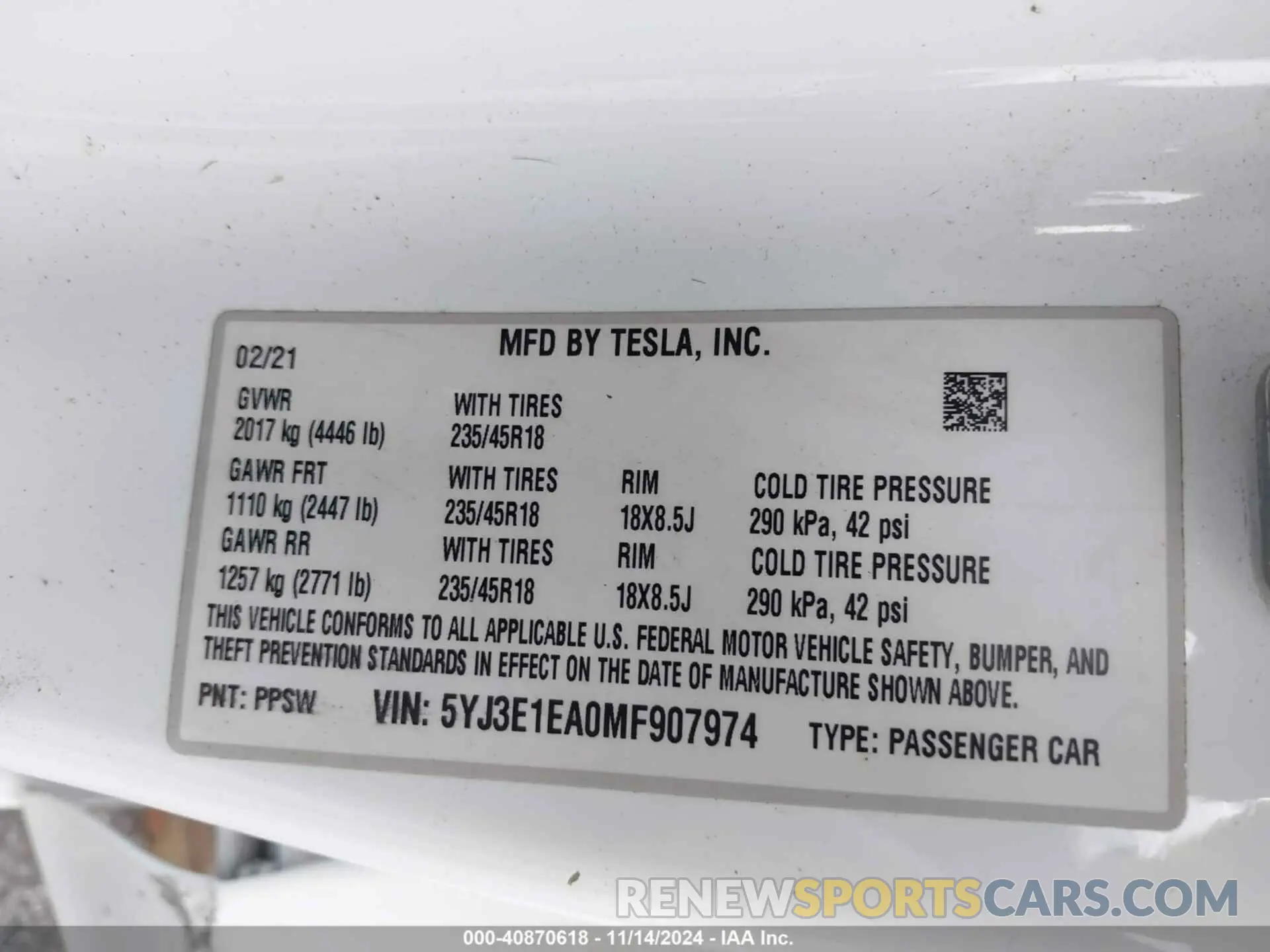 9 fotografías del automóvil dañado 5YJ3E1EA0MF907974 TESLA MODEL 3 2021