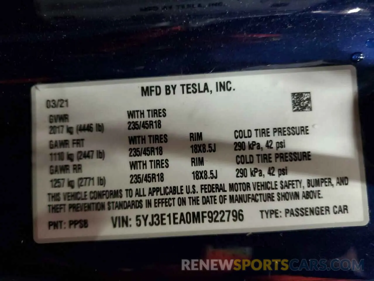 13 fotografías del automóvil dañado 5YJ3E1EA0MF922796 TESLA MODEL 3 2021