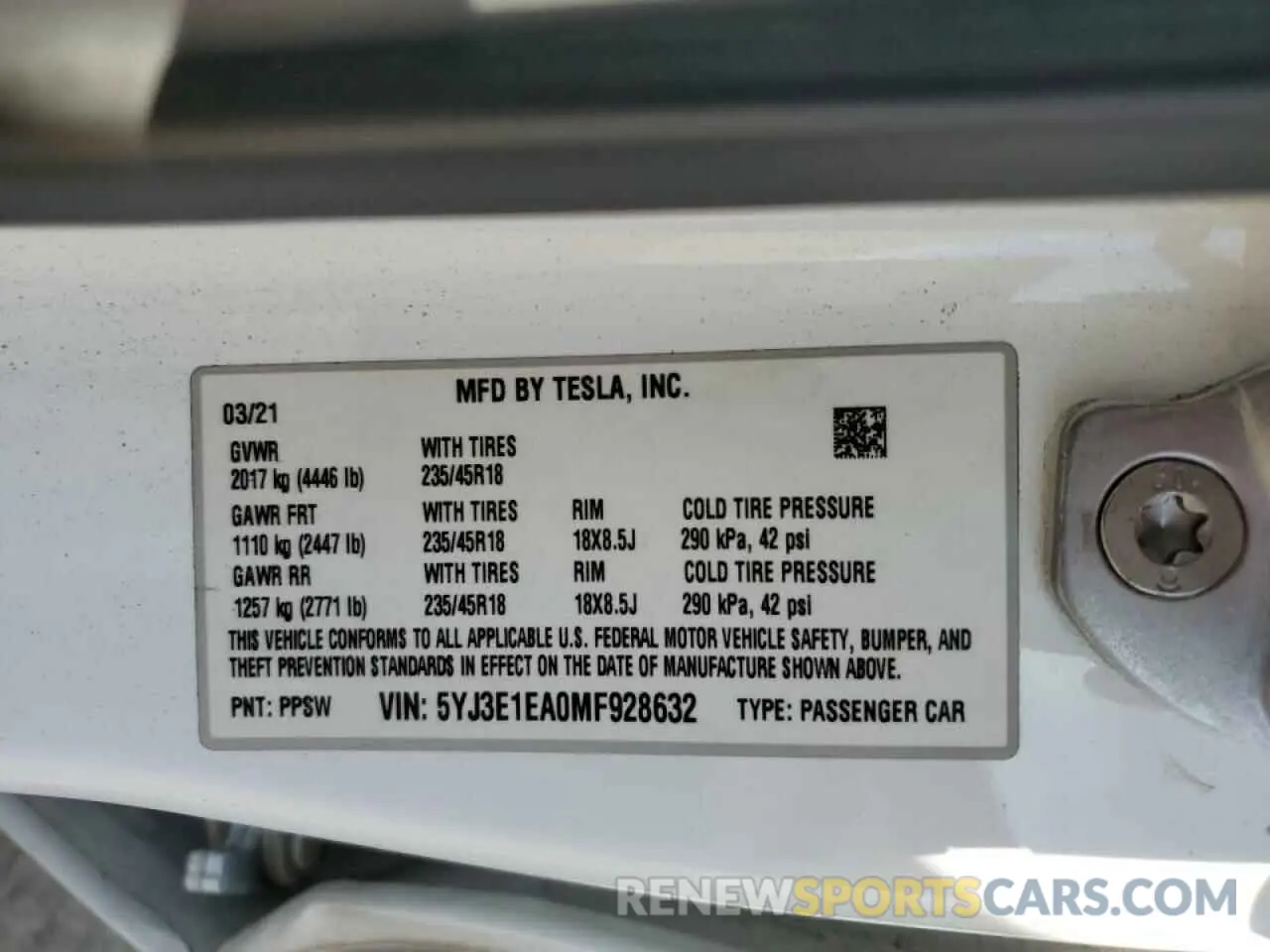 13 fotografías del automóvil dañado 5YJ3E1EA0MF928632 TESLA MODEL 3 2021