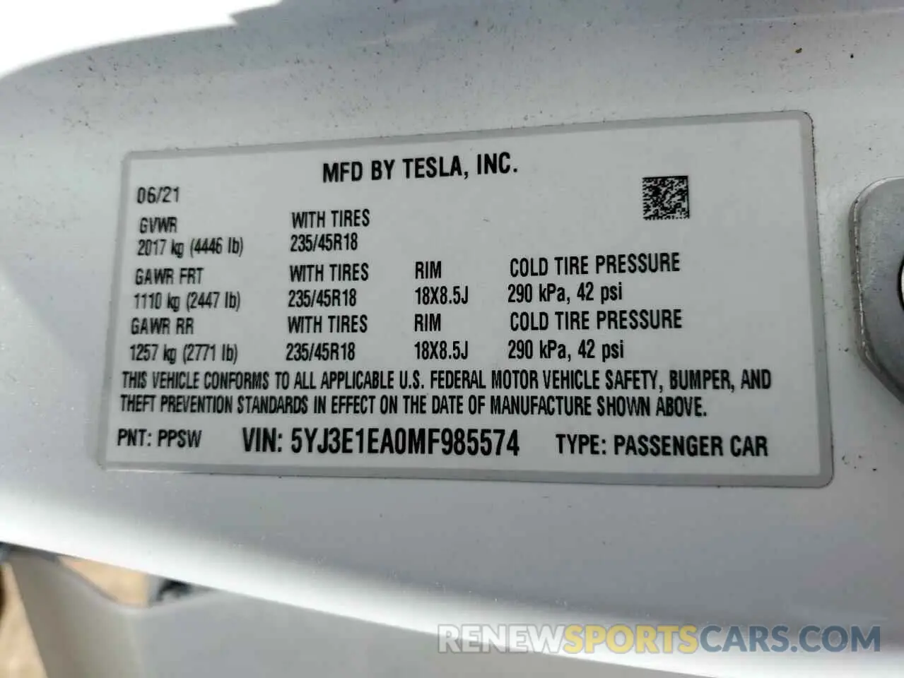 12 fotografías del automóvil dañado 5YJ3E1EA0MF985574 TESLA MODEL 3 2021