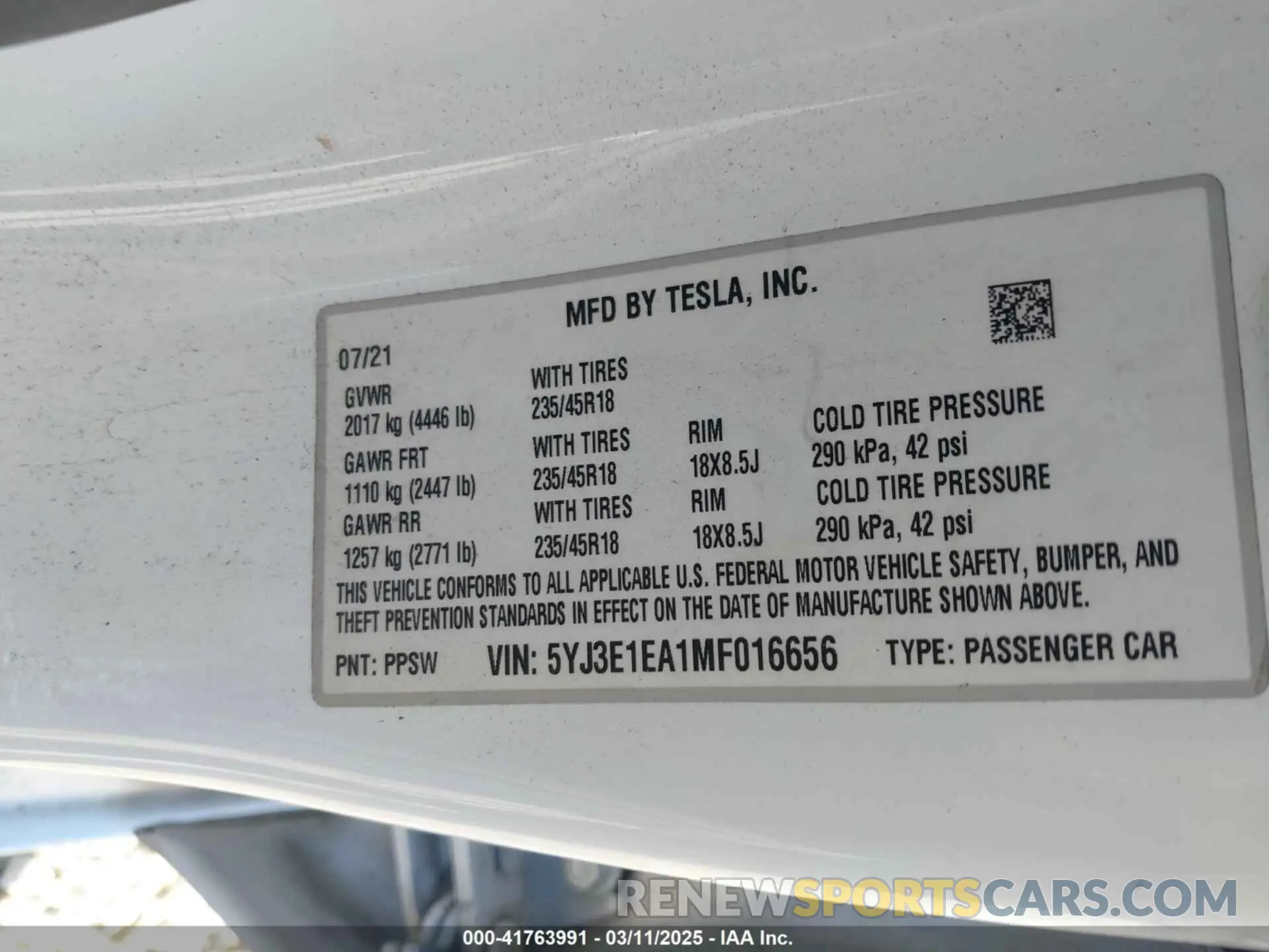 9 fotografías del automóvil dañado 5YJ3E1EA1MF016656 TESLA MODEL 3 2021