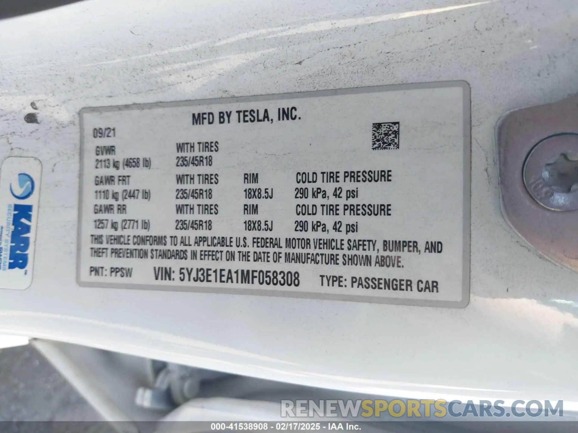 9 fotografías del automóvil dañado 5YJ3E1EA1MF058308 TESLA MODEL 3 2021