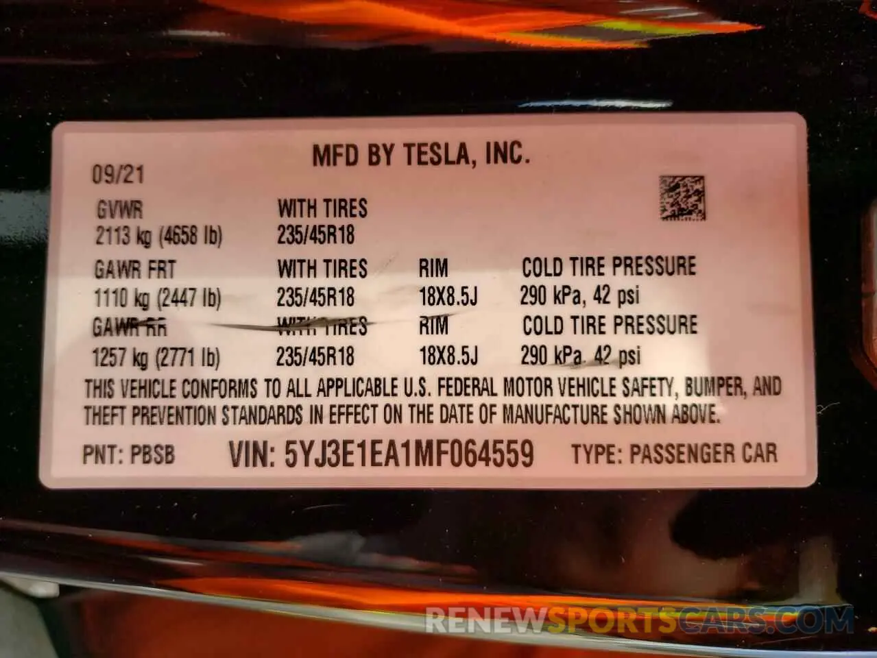 10 fotografías del automóvil dañado 5YJ3E1EA1MF064559 TESLA MODEL 3 2021