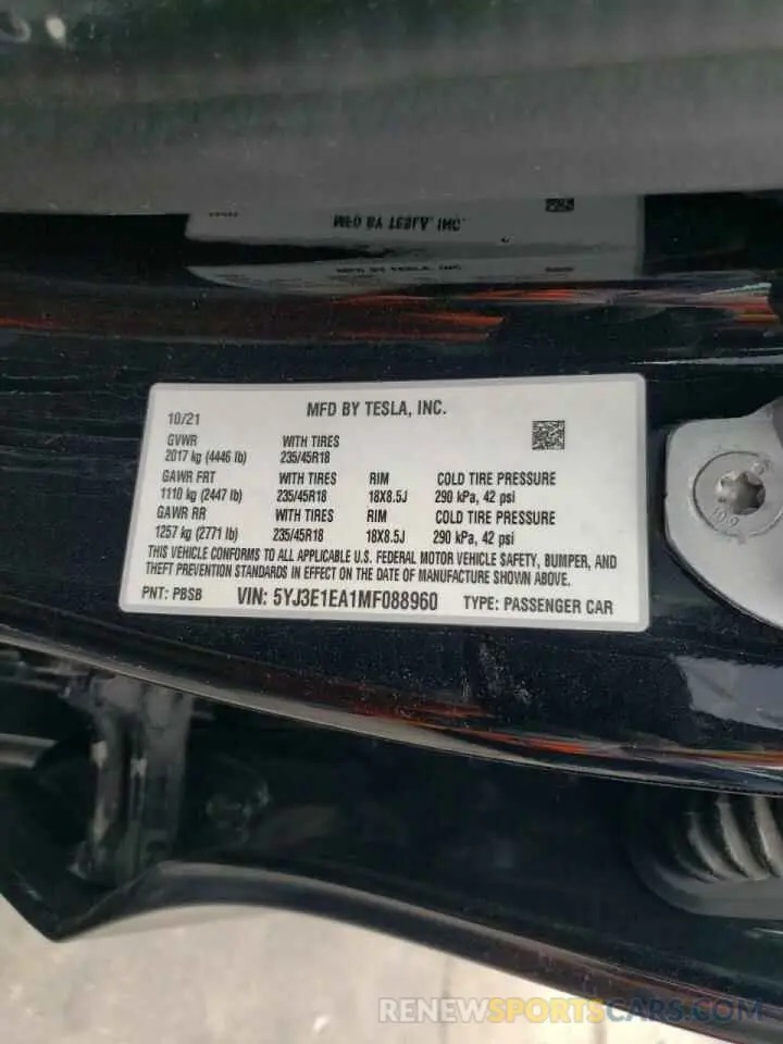 10 fotografías del automóvil dañado 5YJ3E1EA1MF088960 TESLA MODEL 3 2021
