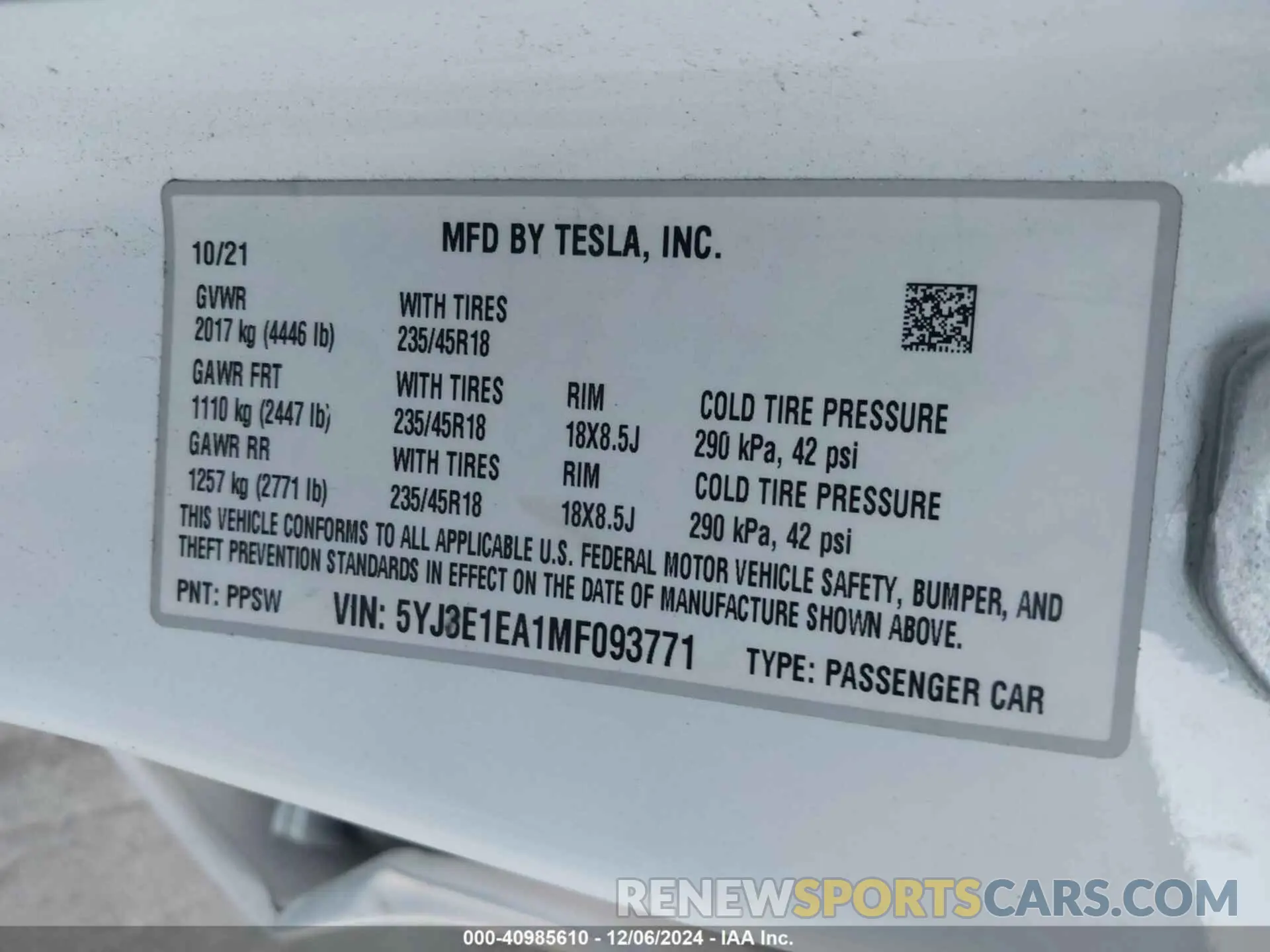 9 fotografías del automóvil dañado 5YJ3E1EA1MF093771 TESLA MODEL 3 2021