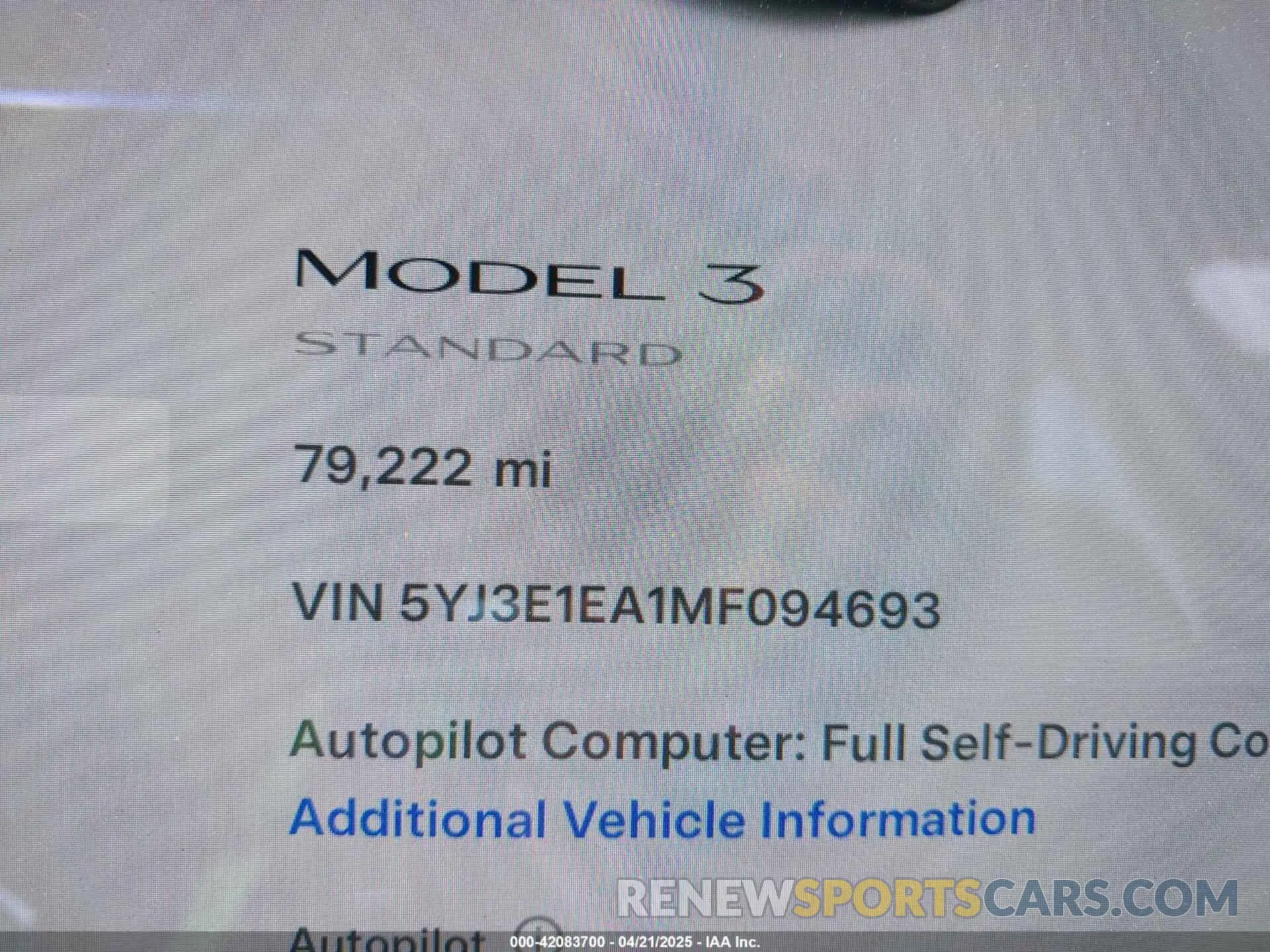 16 fotografías del automóvil dañado 5YJ3E1EA1MF094693 TESLA MODEL 3 2021
