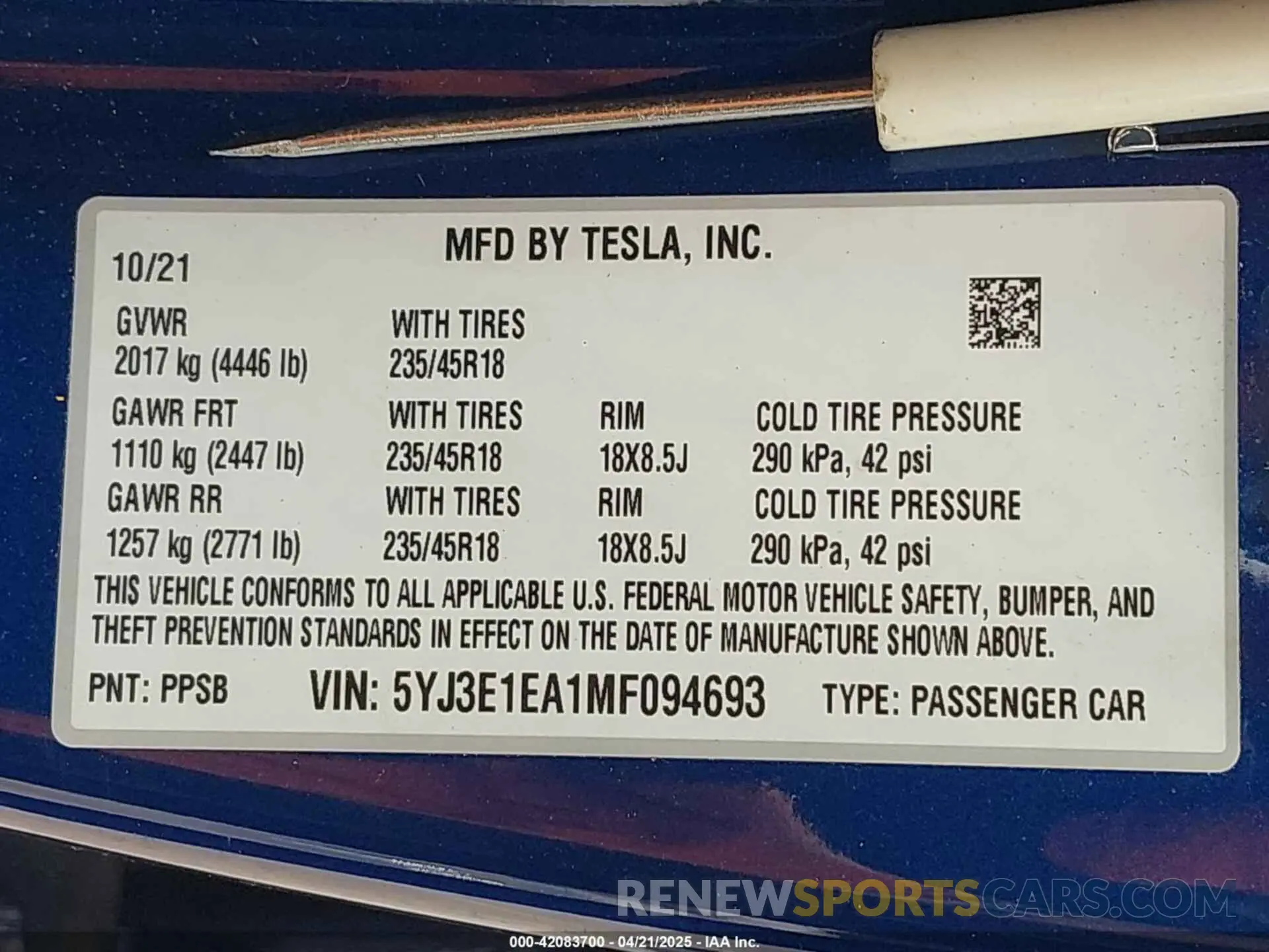 9 fotografías del automóvil dañado 5YJ3E1EA1MF094693 TESLA MODEL 3 2021