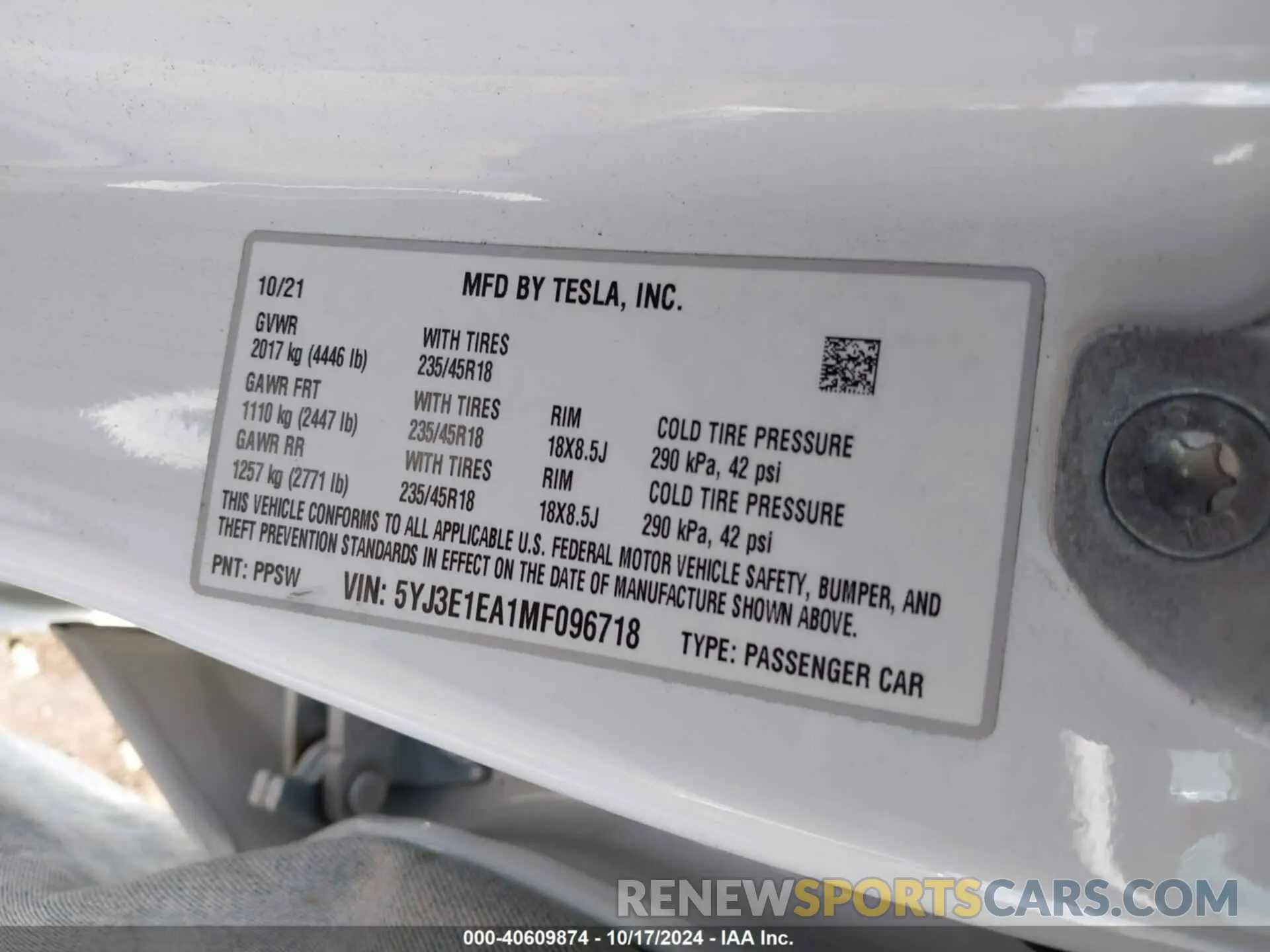 9 fotografías del automóvil dañado 5YJ3E1EA1MF096718 TESLA MODEL 3 2021