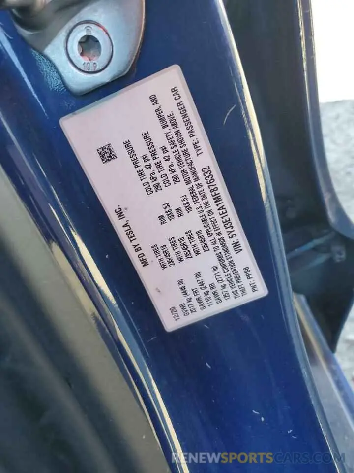 12 fotografías del automóvil dañado 5YJ3E1EA1MF876332 TESLA MODEL 3 2021