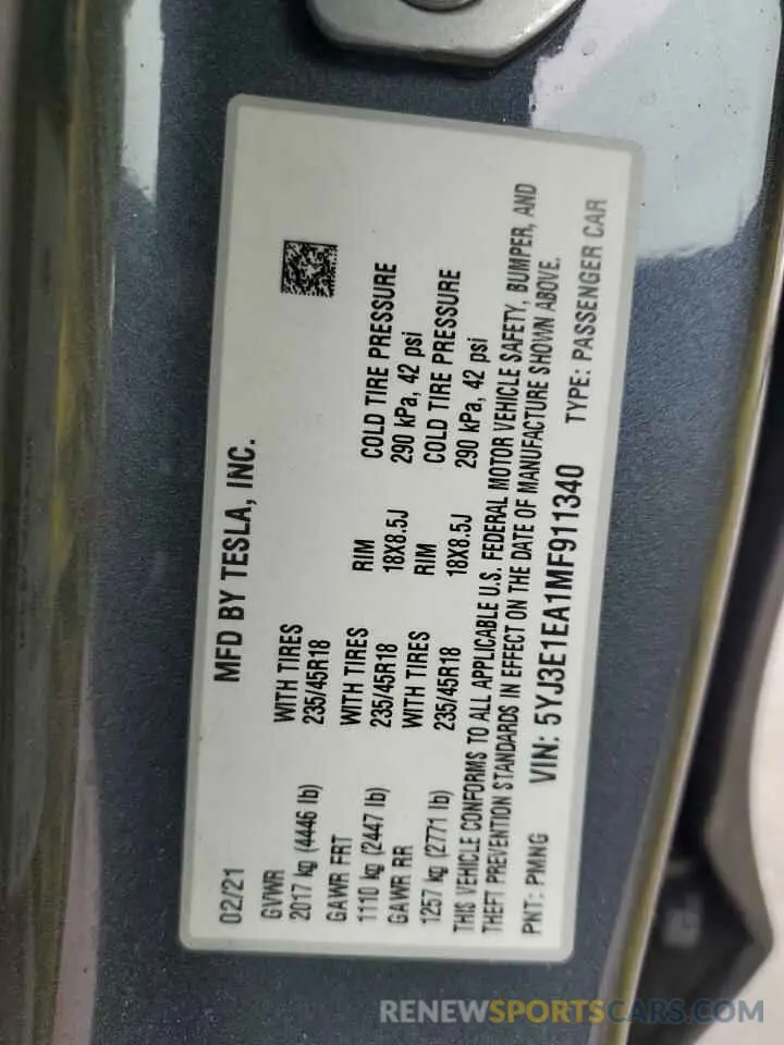 14 fotografías del automóvil dañado 5YJ3E1EA1MF911340 TESLA MODEL 3 2021