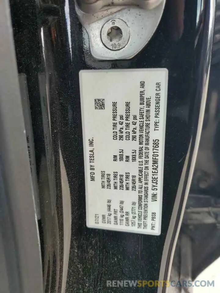 12 fotografías del automóvil dañado 5YJ3E1EA2MF017685 TESLA MODEL 3 2021